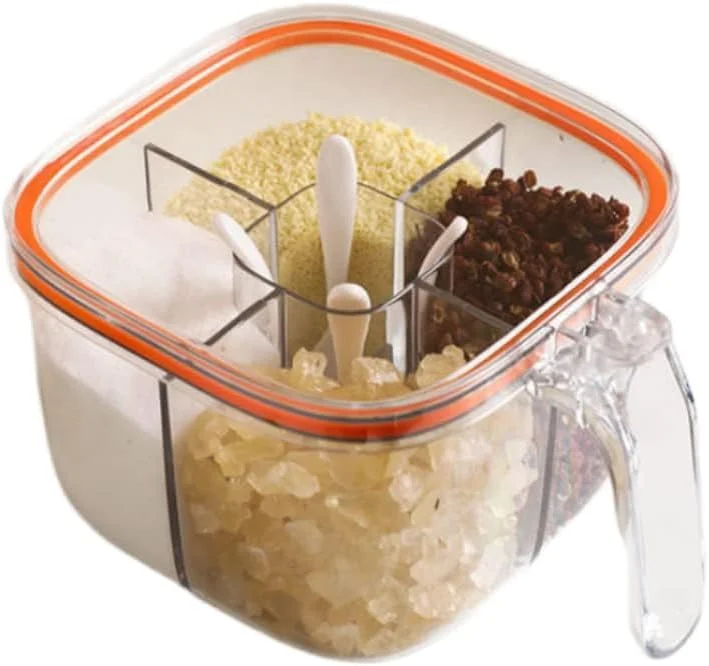 ست جعبه ادویه پلاستیکی 4 محفظه ای BIGTHREE - ظرف نگهداری ادویه شفاف با درب و قاشق های اندازه گیری - سازمان دهنده آشپزخانه ضد هوا برای نمک، فلفل، پودر و ادویه جات خشک