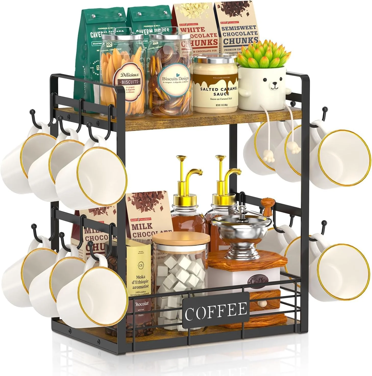 استند قهوه ساز Beauenty، نگهدارنده فنجان و ماگ چند منظوره دو طبقه برای آشپزخانه، قفسه ذخیره سازی با 12 قلاب، قهوه ای-مشکی طرح قدیمی