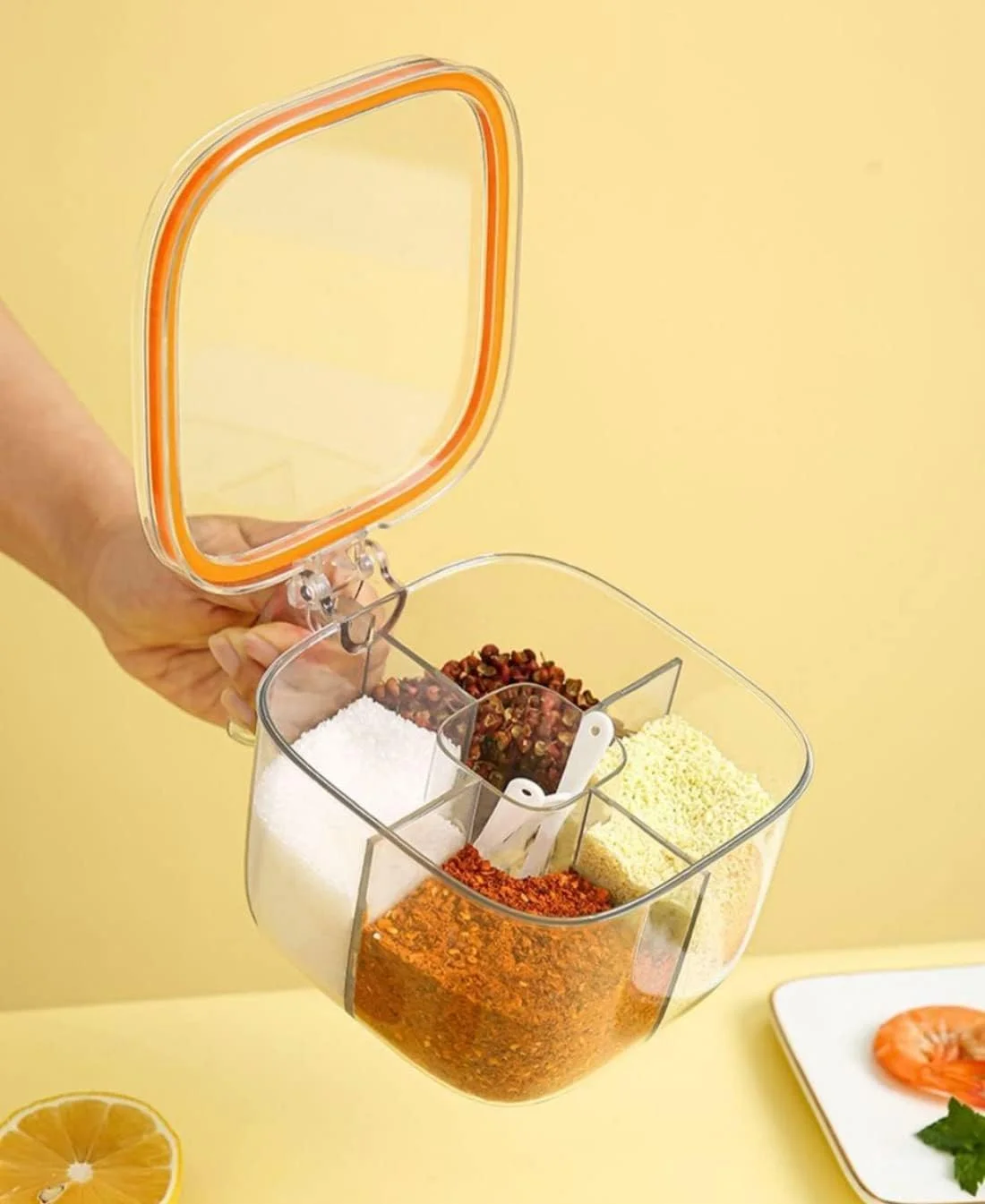 ست جعبه ادویه پلاستیکی 4 محفظه ای BIGTHREE - ظرف نگهداری ادویه شفاف با درب و قاشق های اندازه گیری - سازمان دهنده آشپزخانه ضد هوا برای نمک، فلفل، پودر و ادویه جات خشک