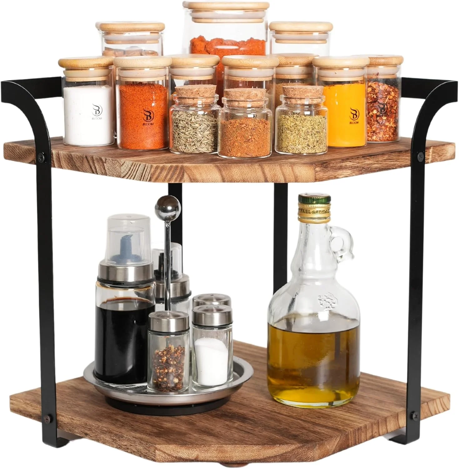 قفسه نگهداری رومیزی دو طبقه BLOOM - قفسه ادویه چوبی و آهنی، سازمان دهنده آشپزخانه با صرفه جویی در فضا، نگهداری بادوام ادویه جات، طراحی شیک و کاربردی برای آشپزخانه های خانگی، 38x34x44 سانتی متر