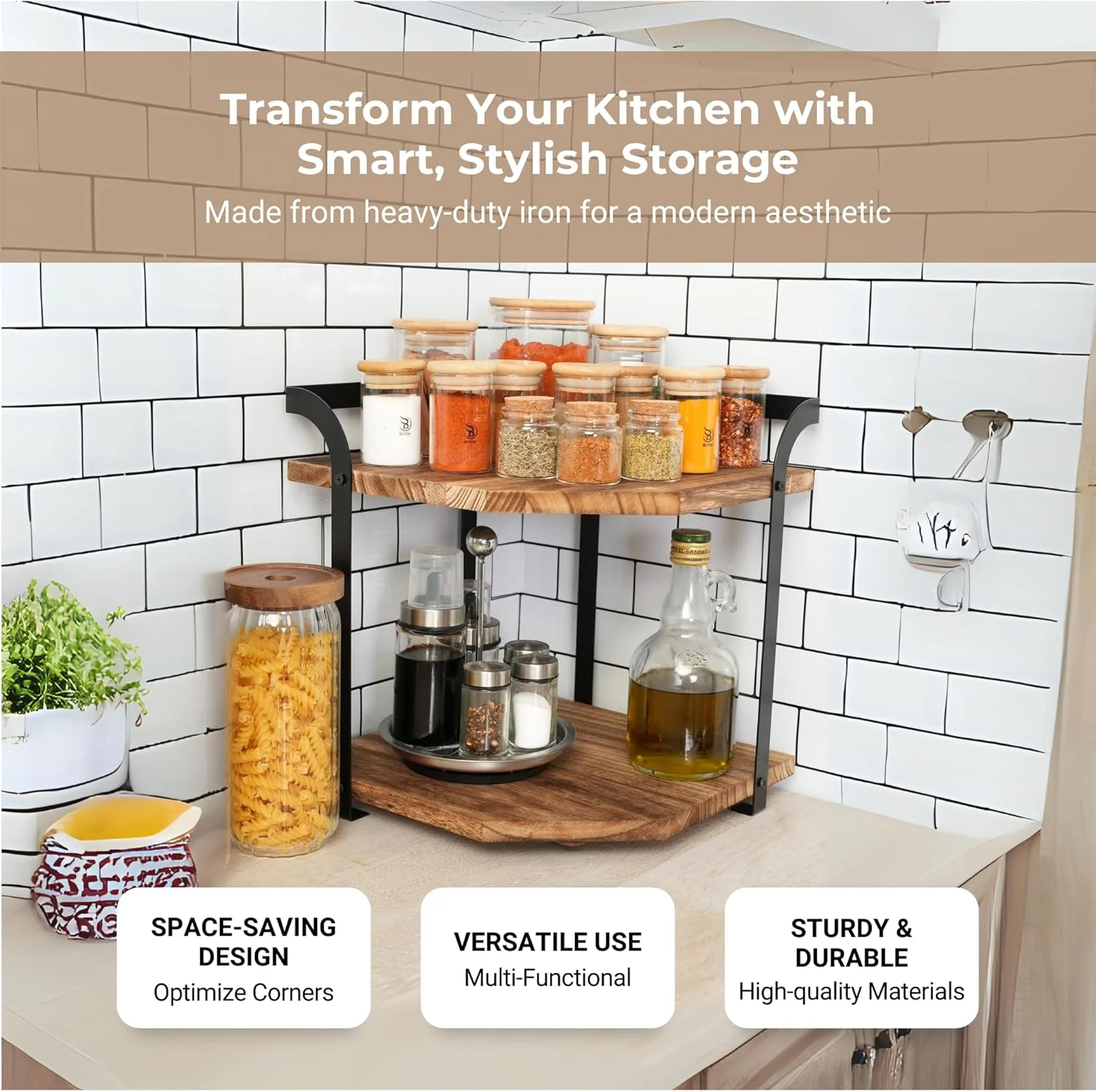 قفسه نگهداری رومیزی دو طبقه BLOOM - قفسه ادویه چوبی و آهنی، سازمان دهنده آشپزخانه با صرفه جویی در فضا، نگهداری بادوام ادویه جات، طراحی شیک و کاربردی برای آشپزخانه های خانگی، 38x34x44 سانتی متر