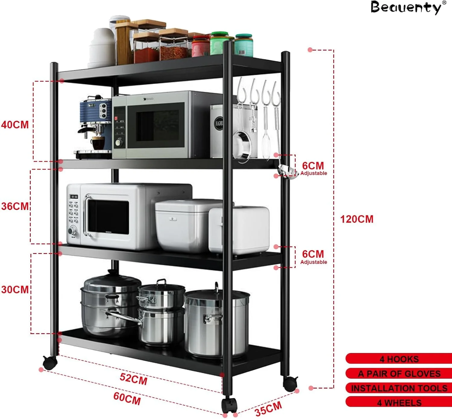 قفسه آشپزخانه Beauenty، قفسه ذخیره سازی تجاری 4 طبقه با ظرفیت بزرگ، قفسه های فلزی قابل تنظیم، پایه مایکروویو برای غذاخوری، گاراژ، اتاق خواب، اتاق نشیمن، دفتر (مدل 1)