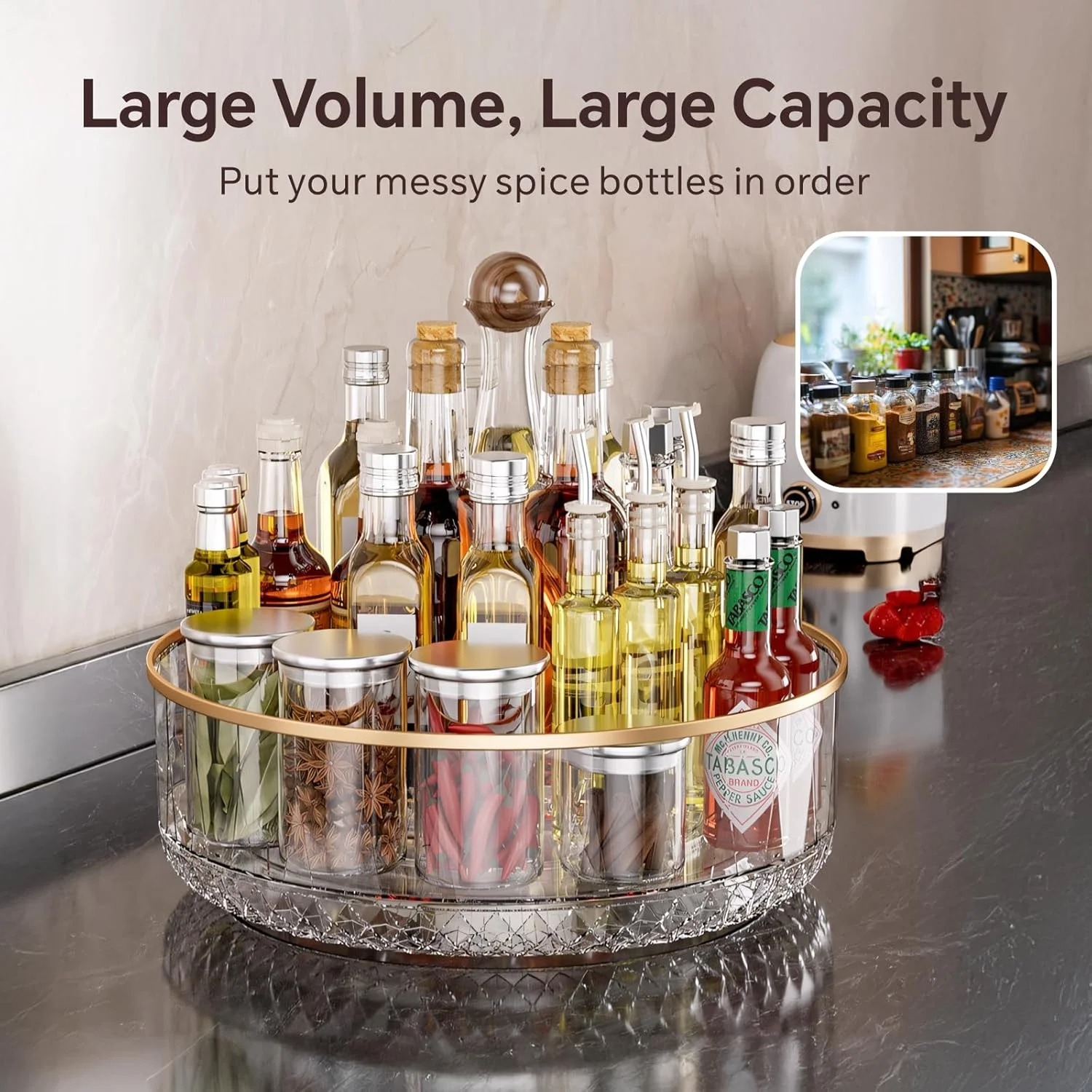 ارگانایزر گردان Baytion Lazy Susan، ظرف شفاف چرخشی برای سازماندهی و نگهداری، ظرف نگهداری با نرده بلند و پهن برای نگهداری در آشپزخانه، اتاق خواب، حمام، اتاق نشیمن ارگانایزر گردان Baytion Lazy Susan، ظرف شفاف چرخشی برای سازماندهی و نگهداری، ظرف نگهداری با نرده بلند و پهن برای نگهداری در آشپزخانه، اتاق خواب، حمام، اتاق نشیمن