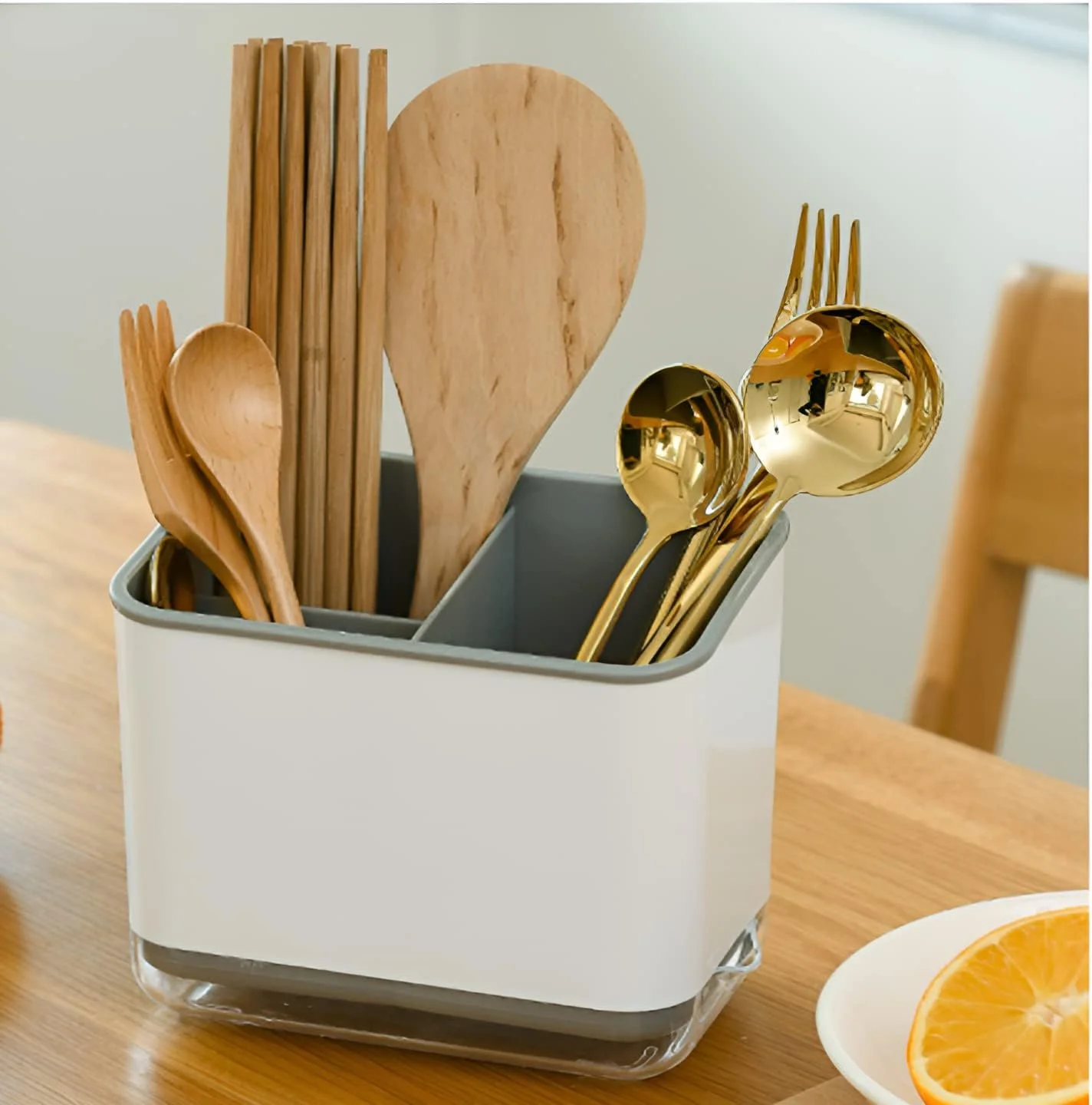 جای نگهداری لوازم آشپزخانه Beauenty، سبد آبچکان دو لایه برای قاشق و چنگال، سطل چند منظوره برای نگهداری ظروف، جای قاشق، چنگال، چاقو و قاشق، جعبه نظم دهنده سینک (خاکستری)