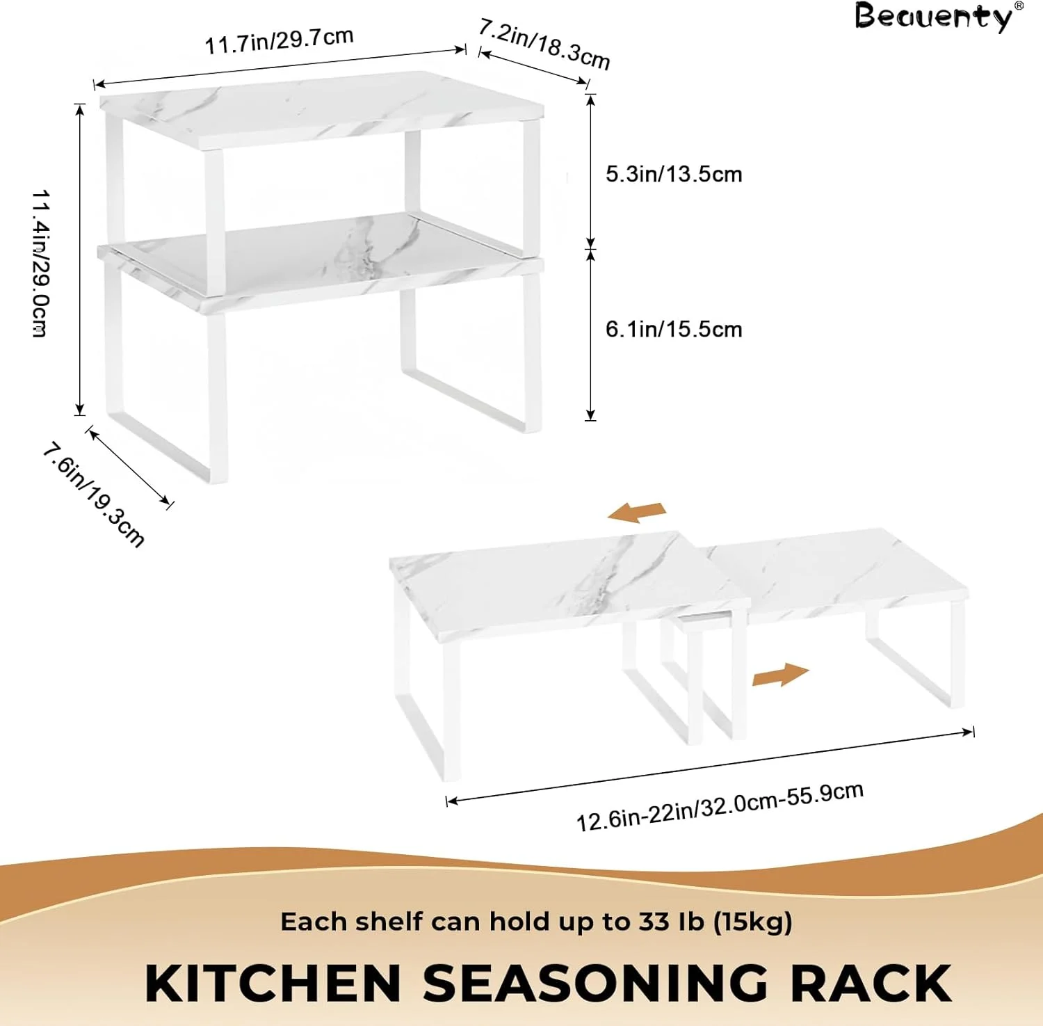 قفسه نظم دهنده کابینت آشپزخانه Beauenty، ست 2 عددی قفسه ادویه جات چوبی قابل انباشته، نظم دهنده بشقاب برای زیر سینک (سنگ مرمر سفید)