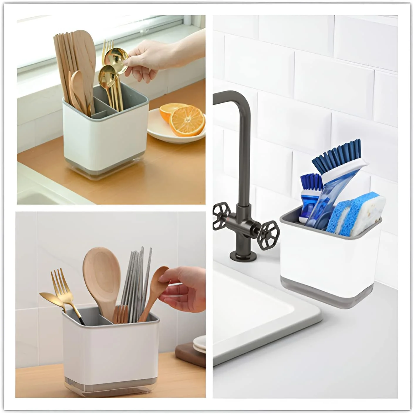 جای نگهداری لوازم آشپزخانه Beauenty، سبد آبچکان دو لایه برای قاشق و چنگال، سطل چند منظوره برای نگهداری ظروف، جای قاشق، چنگال، چاقو و قاشق، جعبه نظم دهنده سینک (خاکستری)