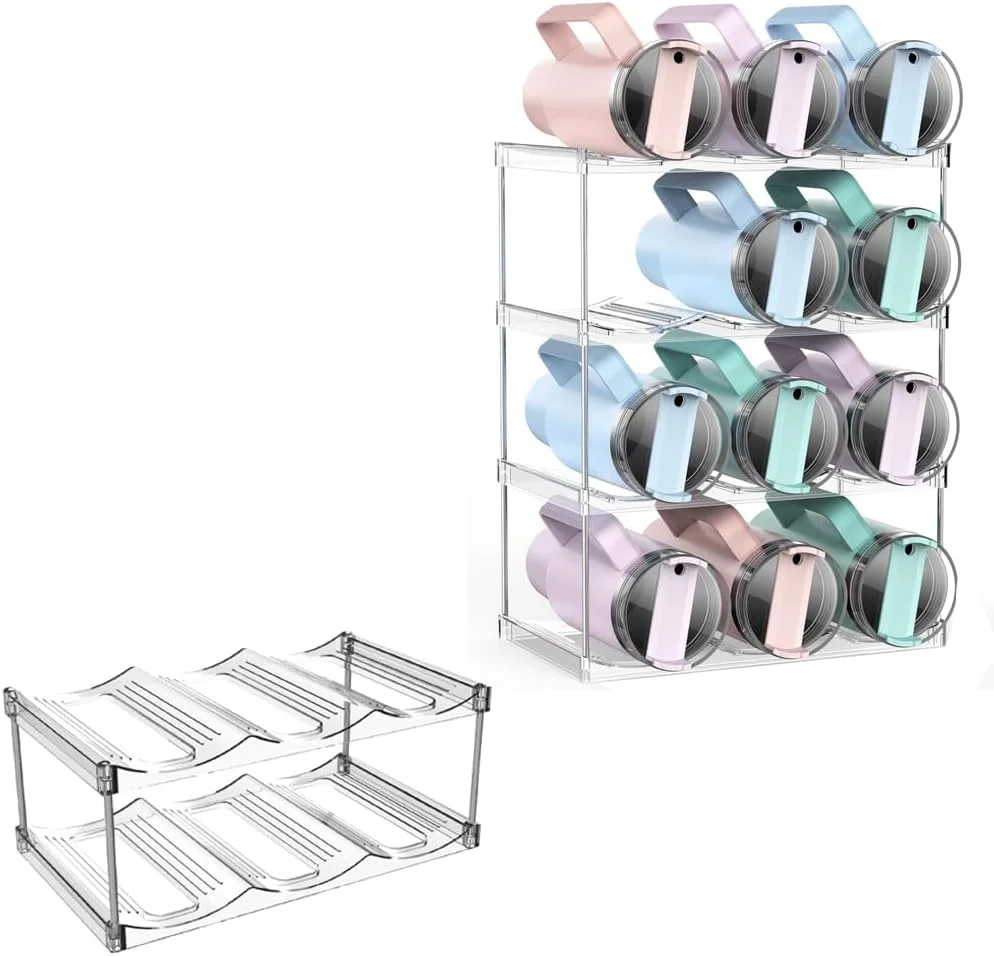 ارگانایزر بطری آب Azonee، برای ارگانایزر بطری فلاسک 40 اونسی استنلی، قفسه ذخیره سازی بطری آب قابل انباشت برای کابینت و آشپزخانه، نگهدارنده 12 فلاسک، طراحی ضد لغزش (4 طبقه شفاف)