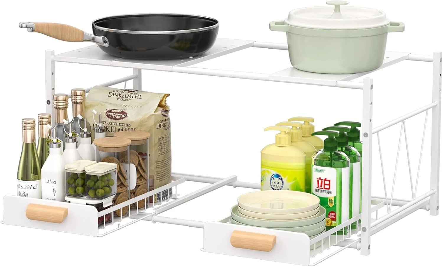 ارگانایزر قفسه زیر سینک APPASO، سفید، 2 طبقه کشویی، سازمان دهنده زیر سینک با کشو کشویی، ذخیره سازی آشپزخانه صرفه جویی در فضا برای کابینت و پیشخوان، قابل افزایش (54.5-81 سانتی متر)