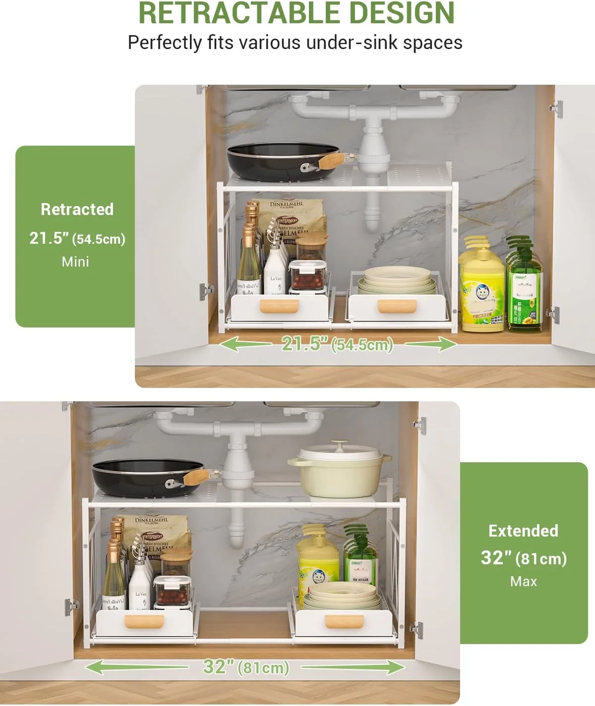 ارگانایزر قفسه زیر سینک APPASO، سفید، 2 طبقه کشویی، سازمان دهنده زیر سینک با کشو کشویی، ذخیره سازی آشپزخانه صرفه جویی در فضا برای کابینت و پیشخوان، قابل افزایش (54.5-81 سانتی متر)