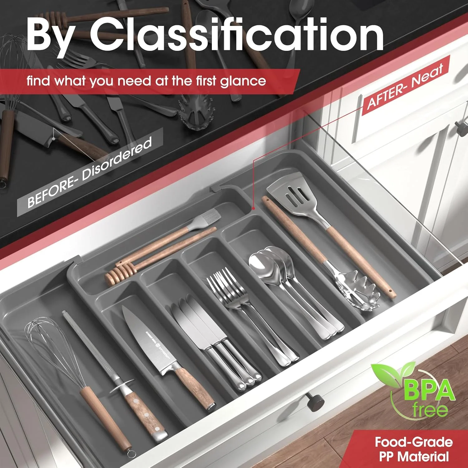 نظم دهنده столовые приборы AUJEN - نظم دهنده کشو آشپزخانه قابل گسترش، نظم دهنده لوازم آشپزی قابل تنظیم، نظم دهنده کشو столовые приборы برای چنگال، چاقو، نظم دهنده های چند منظوره آشپزخانه و راه حل ذخیره سازی، خاکستری نظم دهنده столовые приборы AUJEN - نظم دهنده کشو آشپزخانه قابل گسترش، نظم دهنده لوازم آشپزی قابل تنظیم، نظم دهنده کشو столовые приборы برای چنگال، چاقو، نظم دهنده های چند منظوره آشپزخانه و راه حل ذخیره سازی، خاکستری