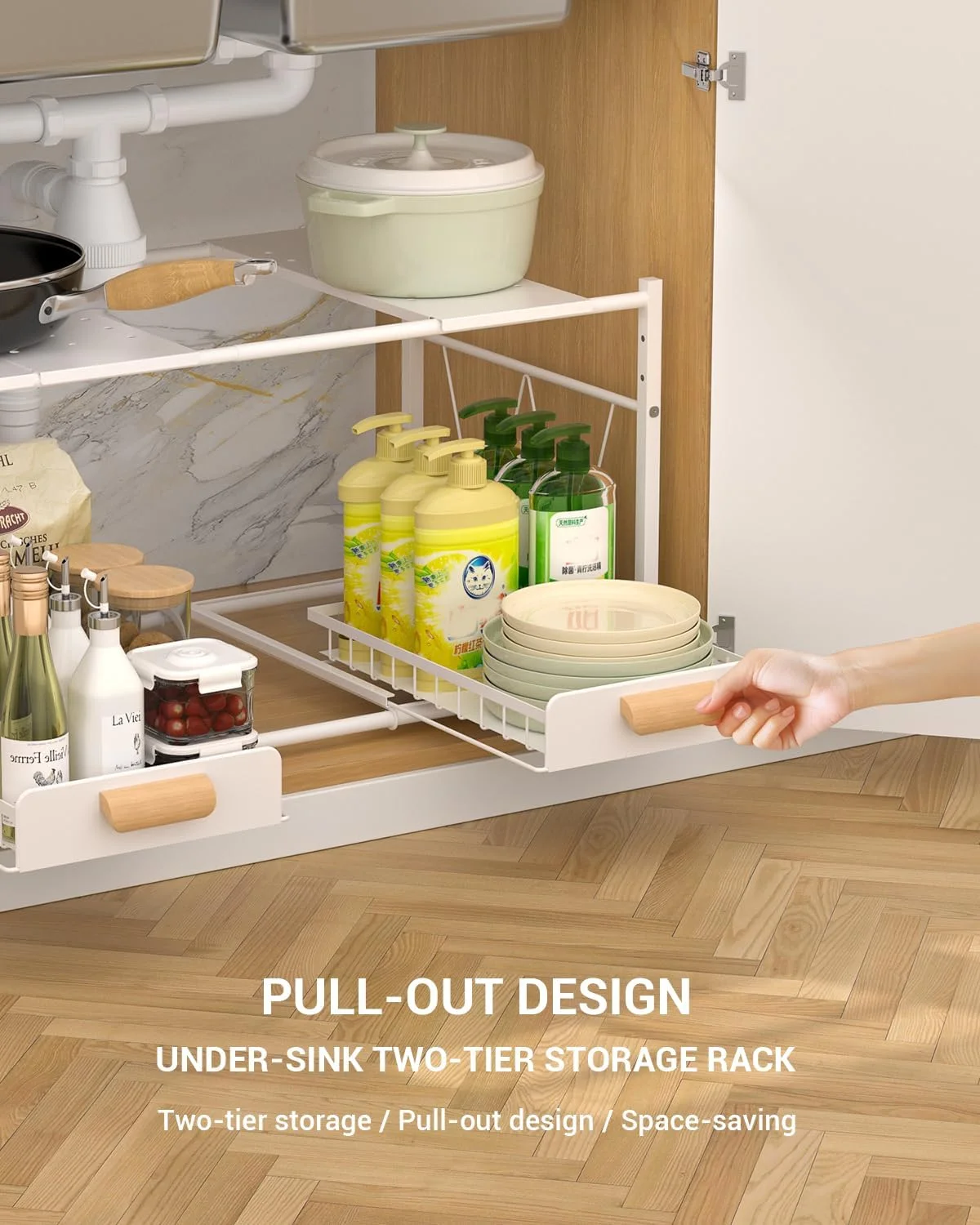 ارگانایزر قفسه زیر سینک APPASO، سفید، 2 طبقه کشویی، سازمان دهنده زیر سینک با کشو کشویی، ذخیره سازی آشپزخانه صرفه جویی در فضا برای کابینت و پیشخوان، قابل افزایش (54.5-81 سانتی متر)