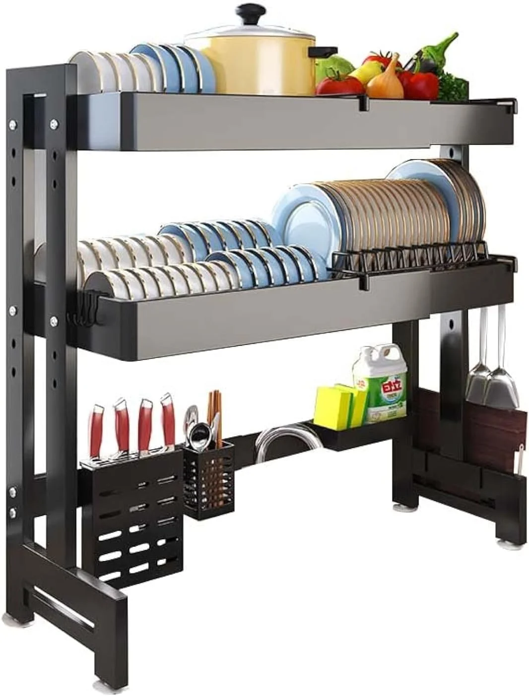 جا ظرفی آبچکان قابل تنظیم ANUMITRA - جا ظرفی بزرگ و قابل افزایش با جا قاشقی، ارگانایزر کارد و چنگال، قفسه نگهداری لوازم آشپزخانه برای خشک کردن روی سینک و پیشخوان