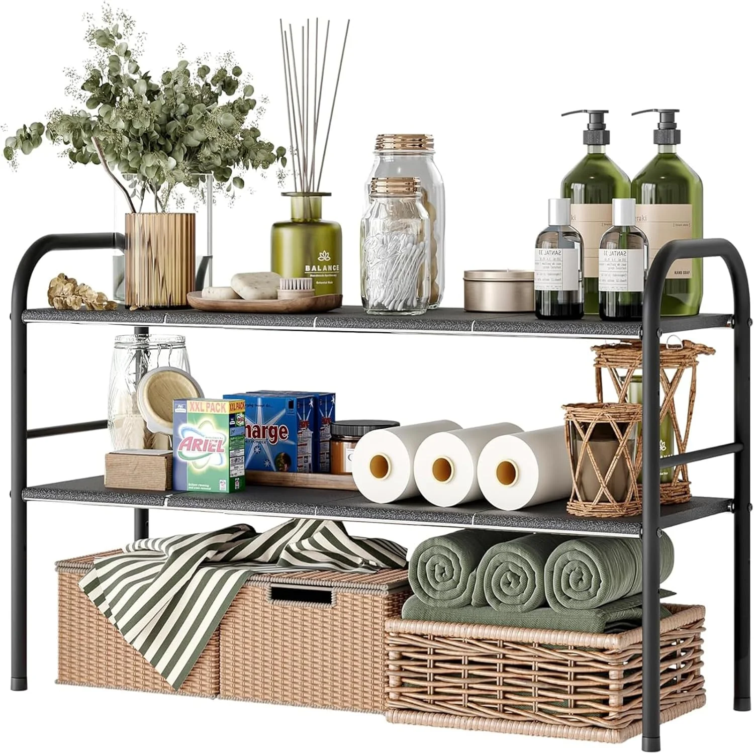 سازمان دهنده زیر سینک ANTOLE، قفسه کابینت 2 طبقه قابل گسترش با پانل های جداشدنی برای نگهداری زیر سینک آشپزخانه و حمام، قفسه نگهداری چند منظوره زیر سینک برای کابینت روی میز (مشکی)