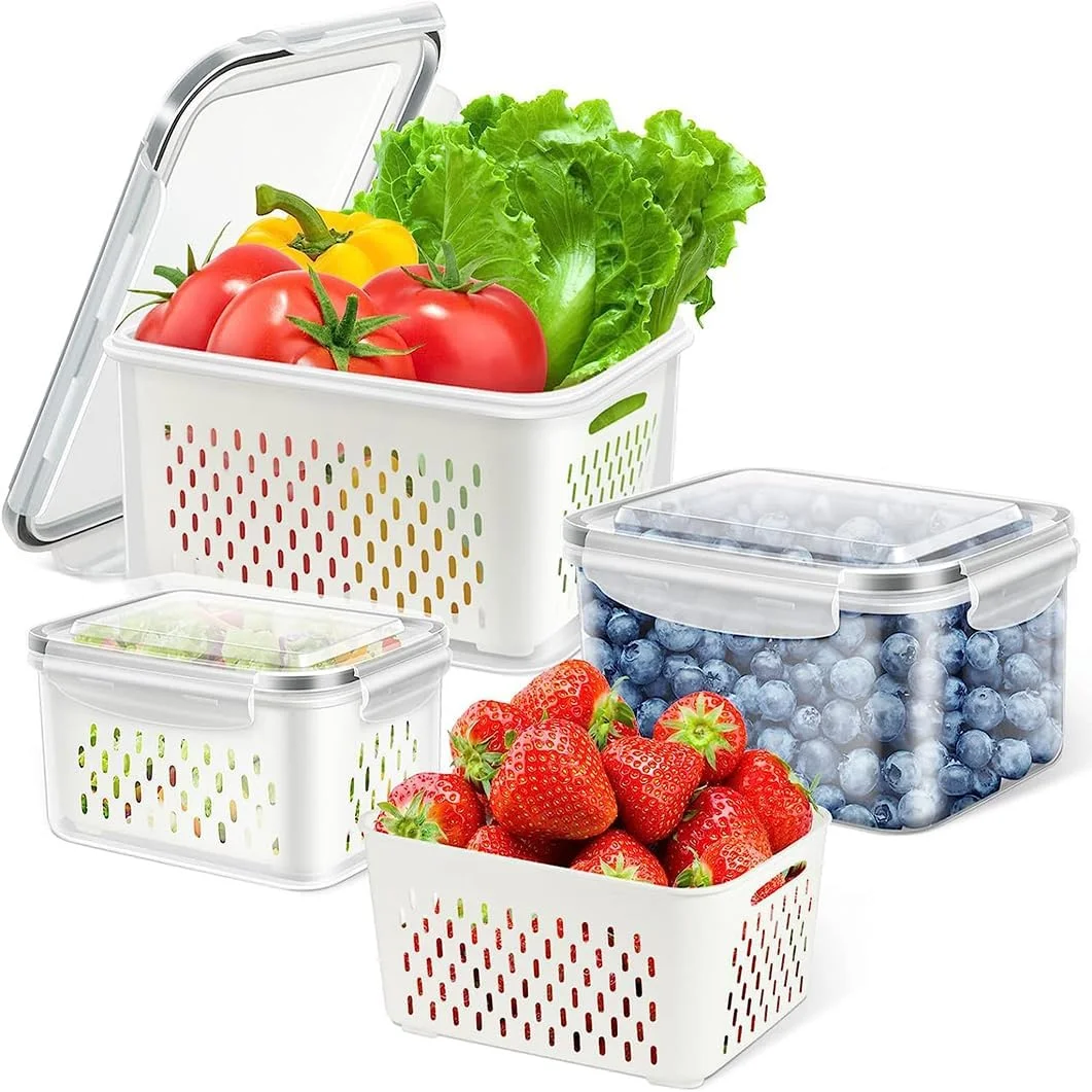 ظرف نگهداری مواد غذایی یخچال ANTOLE، 3 عدد سطل شفاف و قابل چیدن برای سازماندهی یخچال با درب و صافی، سازماندهی آشپزخانه بدون BPA و ضد هوا، ظروف نگهداری میوه و سبزیجات (3 عدد)