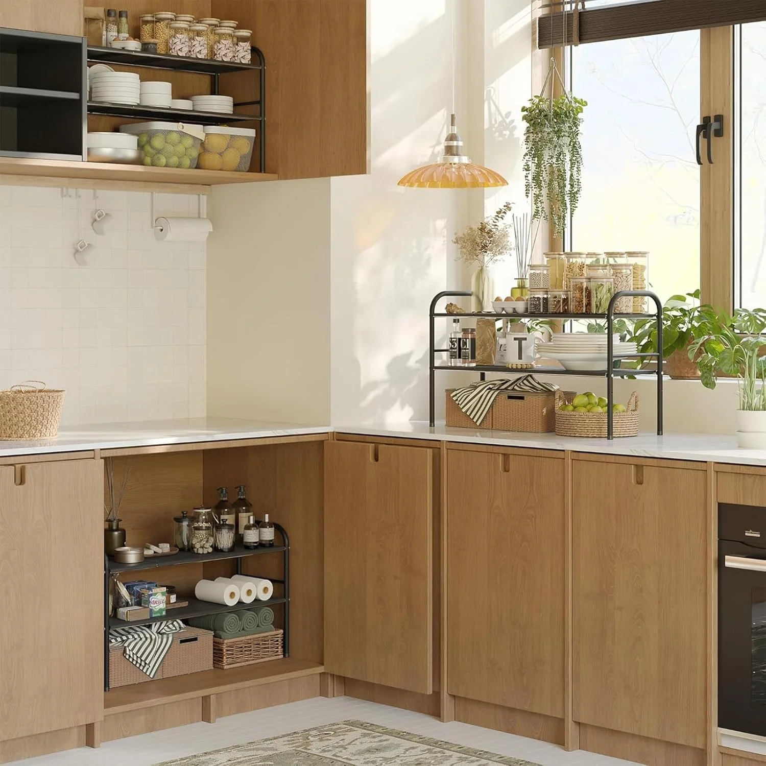 سازمان دهنده زیر سینک ANTOLE، قفسه کابینت 2 طبقه قابل گسترش با پانل های جداشدنی برای نگهداری زیر سینک آشپزخانه و حمام، قفسه نگهداری چند منظوره زیر سینک برای کابینت روی میز (مشکی)