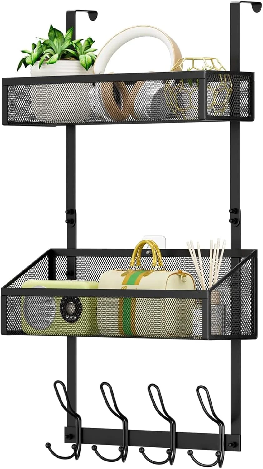 آویز حمام پشت دری آنتول، سازمان دهنده آویز فلزی 2 طبقه با 8 قلاب، سازمان دهنده کمد آویز، قفسه ادویه دیواری برای آشپزخانه، انباری، حمام (مشکی)