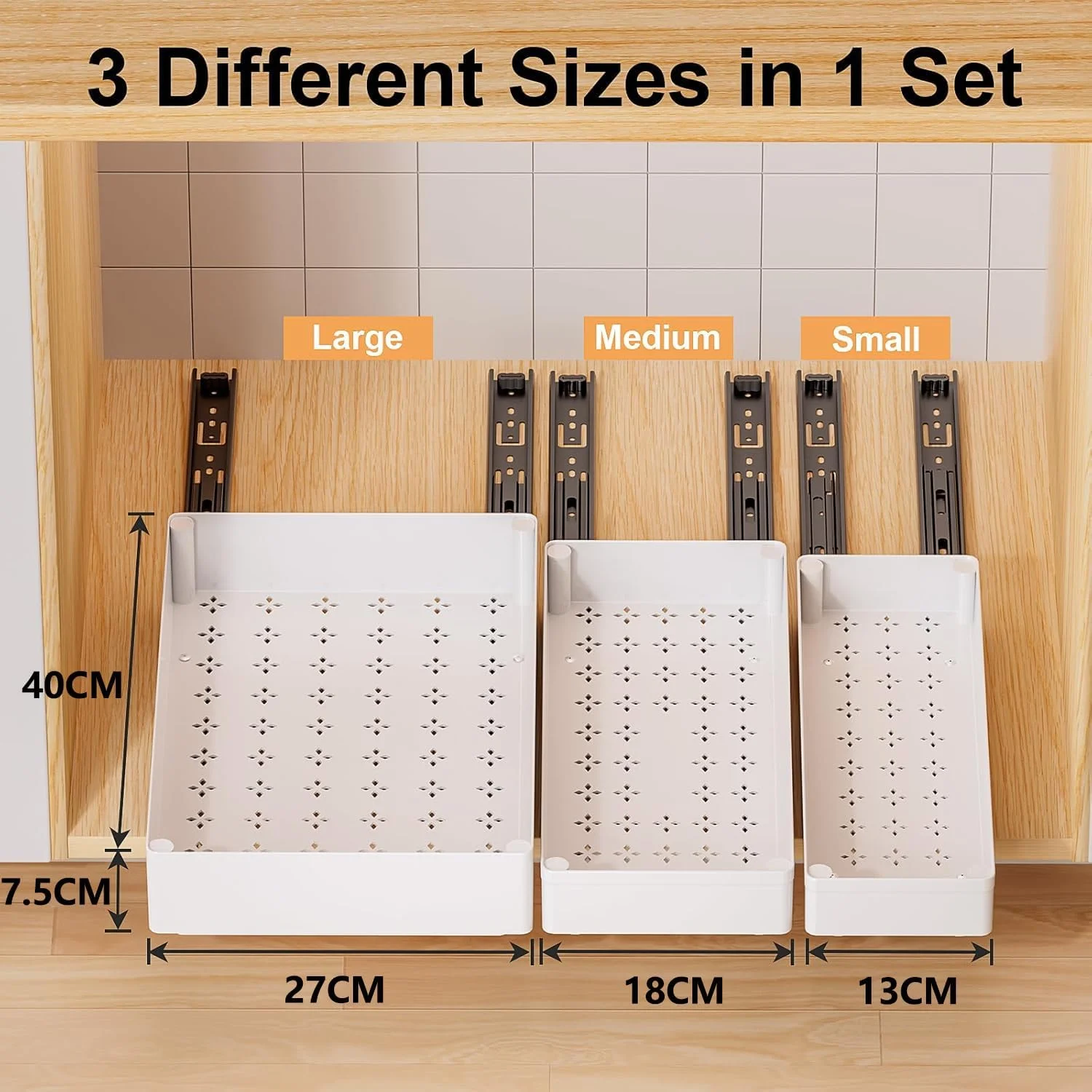 مجموعه 3 عددی ارگانایزر کشویی Angju - کشوهای 3 سایز برای کابینت آشپزخانه، حمام، و انباری - قفسه کشویی