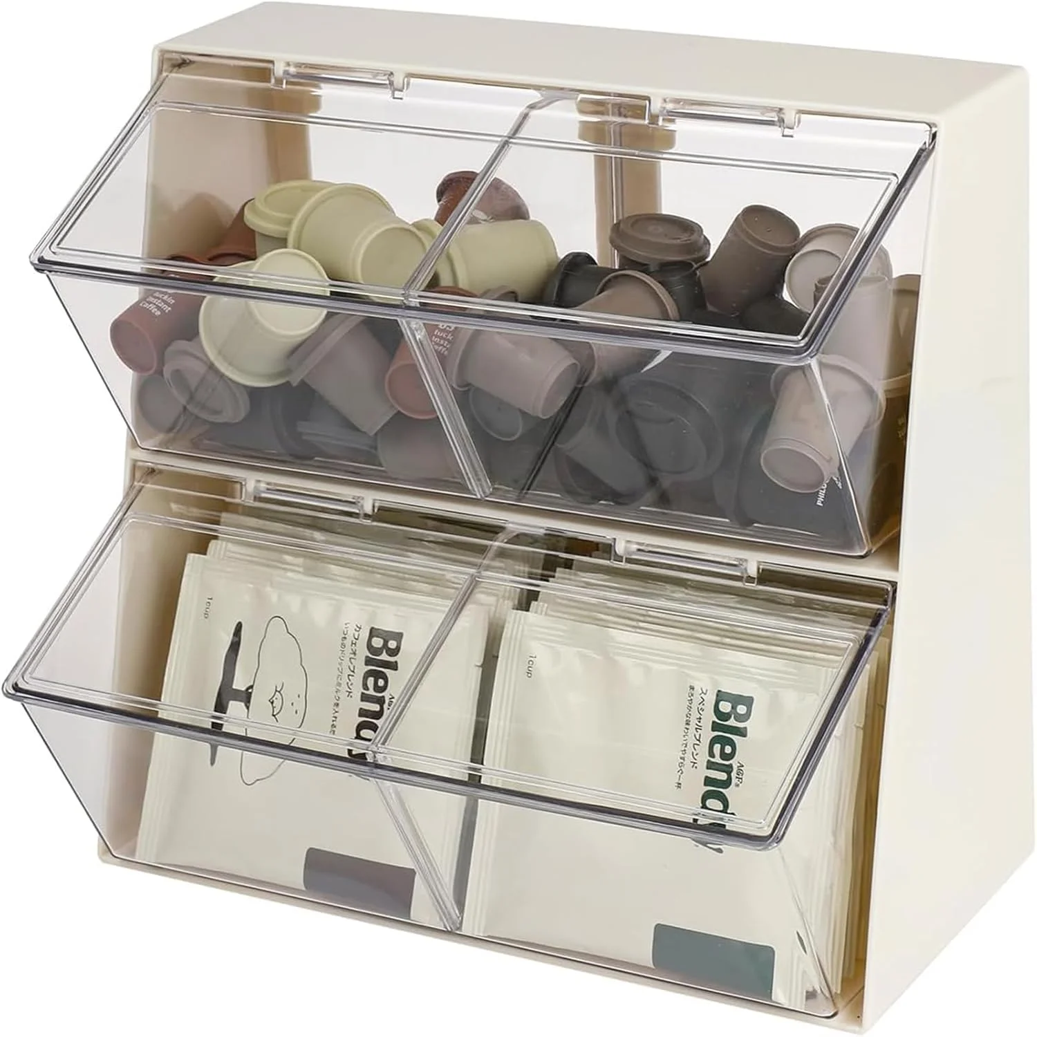 جا کیسه ای چای ANTOLE، سازمان دهنده کیسه چای قابل انباشت با درب، نگهدارنده غلاف قهوه، سازمان دهنده ایستگاه چای، سطل های سازمان دهنده چند منظوره برای بسته شکر، قهوه، در آشپزخانه، انبار (سفید)