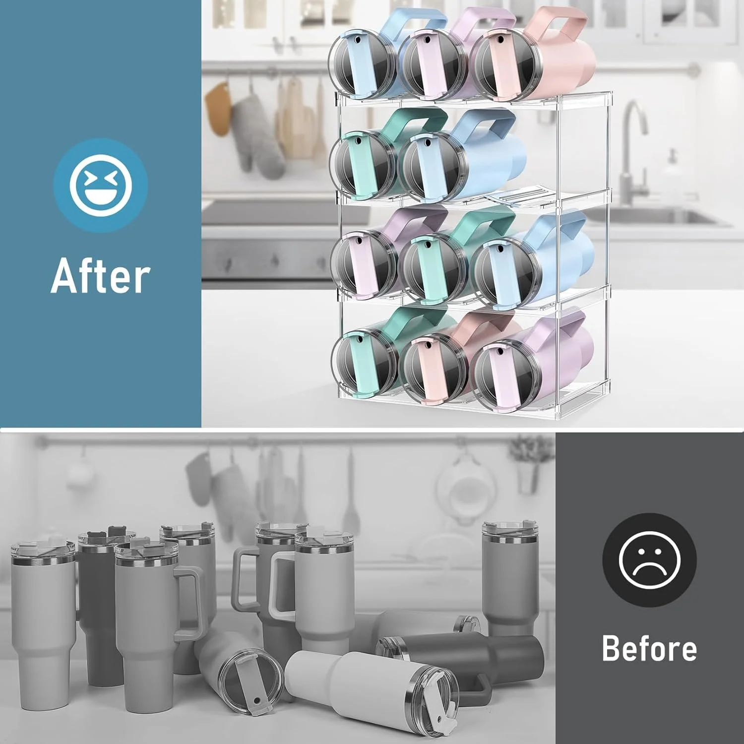 ارگانایزر بطری آب Azonee، برای ارگانایزر بطری فلاسک 40 اونسی استنلی، قفسه ذخیره سازی بطری آب قابل انباشت برای کابینت و آشپزخانه، نگهدارنده 12 فلاسک، طراحی ضد لغزش (4 طبقه شفاف)