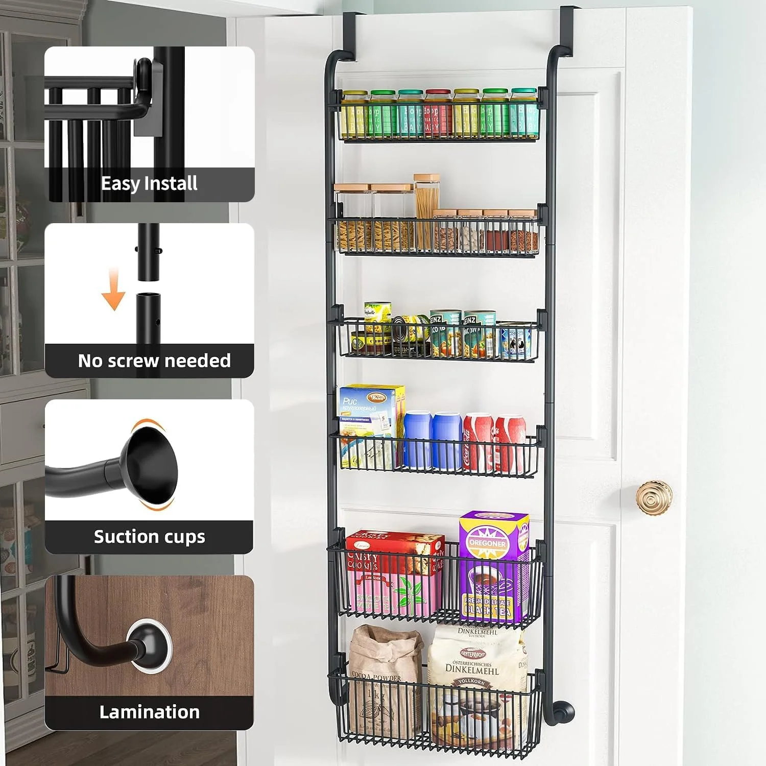 ارگانایزر ۶ طبقه آویز پشت دری Angju، دارای ۴ سبد کامل + ۲ نیم سبد، قفسه ادویه آویز فلزی سنگین برای درب حمام آشپزخانه، سازماندهی کمد، صرفه جویی در فضا