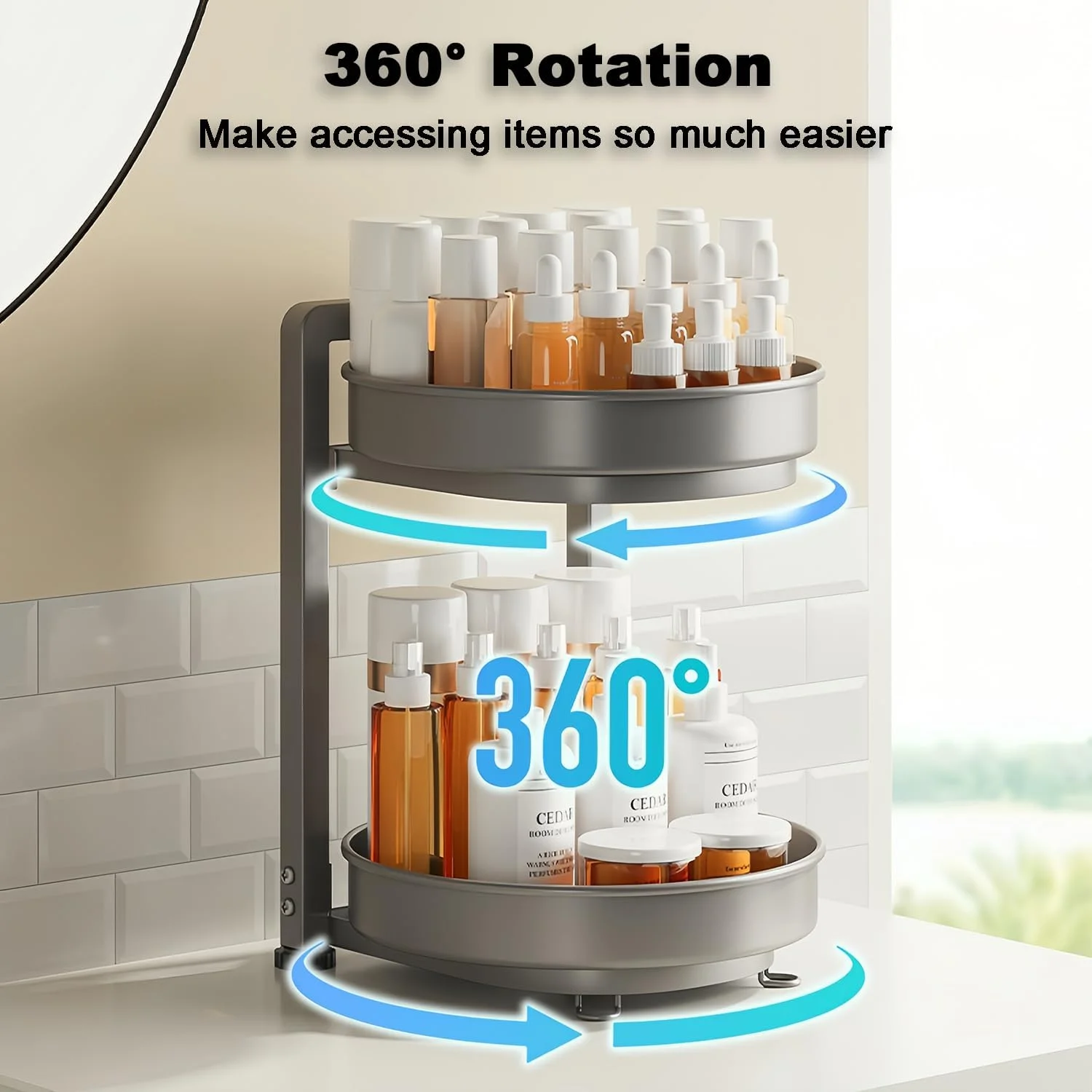 ارگانایزر قفسه ادویه دو طبقه چرخشی Angju، قفسه ادویه قابل جابجایی برای کابینت، ابعاد 27 * 25.5 * 45 سانتی متر، مناسب برای نگهداری ادویه در آشپزخانه، حمام و دستشویی