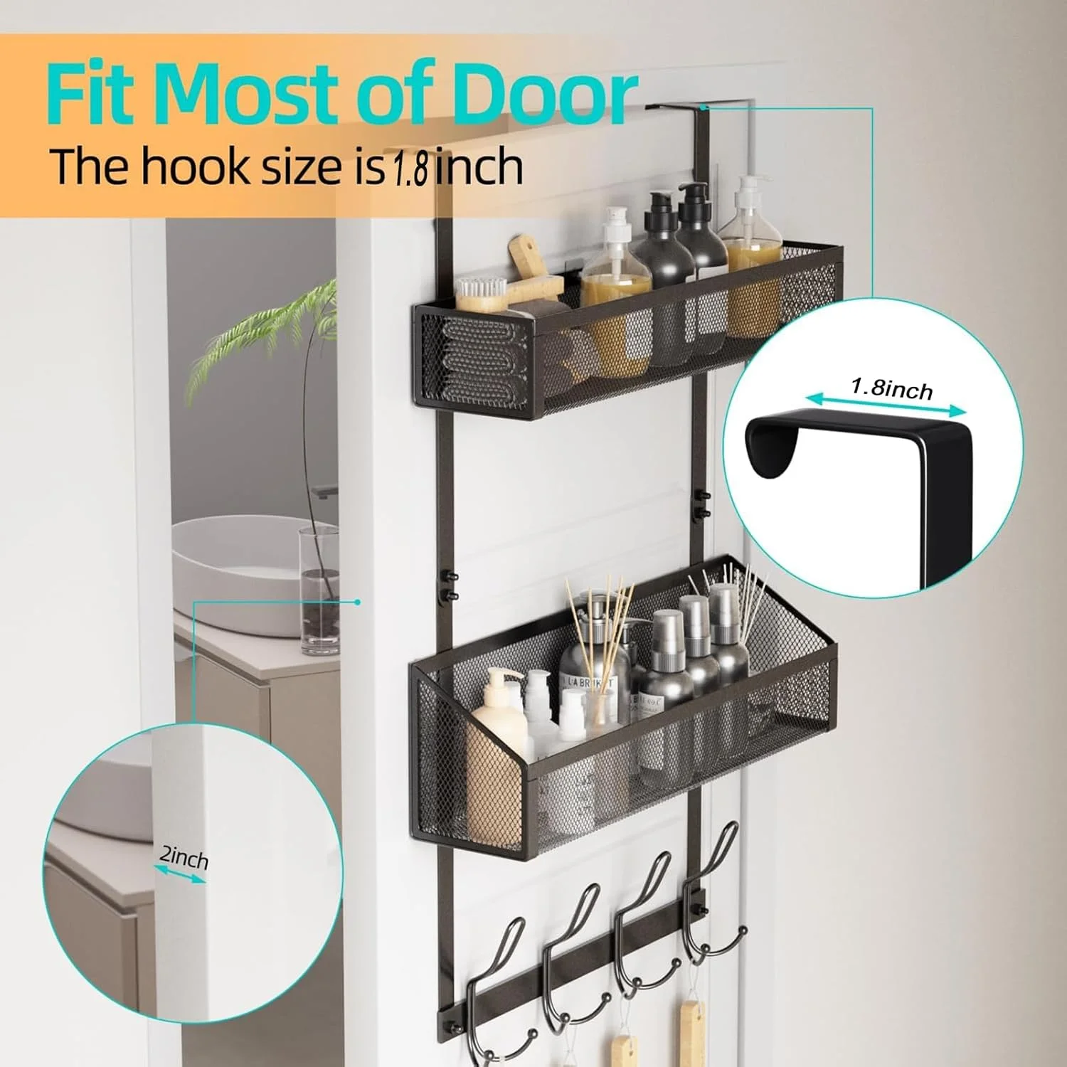 آویز حمام پشت دری آنتول، سازمان دهنده آویز فلزی 2 طبقه با 8 قلاب، سازمان دهنده کمد آویز، قفسه ادویه دیواری برای آشپزخانه، انباری، حمام (مشکی)