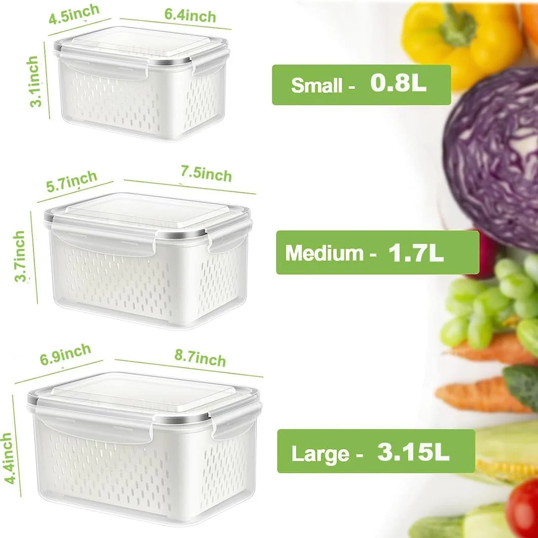 ظرف نگهداری مواد غذایی یخچال ANTOLE، 3 عدد سطل شفاف و قابل چیدن برای سازماندهی یخچال با درب و صافی، سازماندهی آشپزخانه بدون BPA و ضد هوا، ظروف نگهداری میوه و سبزیجات (3 عدد)