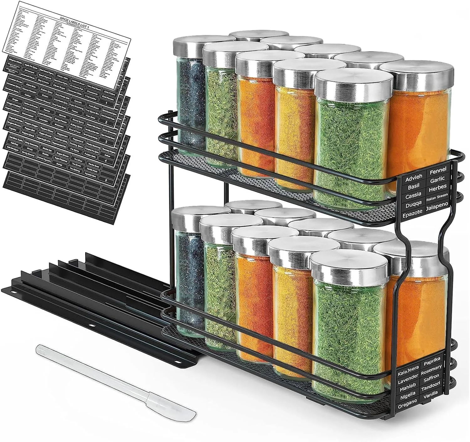 ارگانایزر قفسه ادویه کشویی Angju برای کابینت، ارگانایزر آشپزخانه ادویه جات کشویی سنگین، ارگانایزر کابینت، با برچسب و ماژیک گچی، 11.5cmW x27cm D x21.5cm H