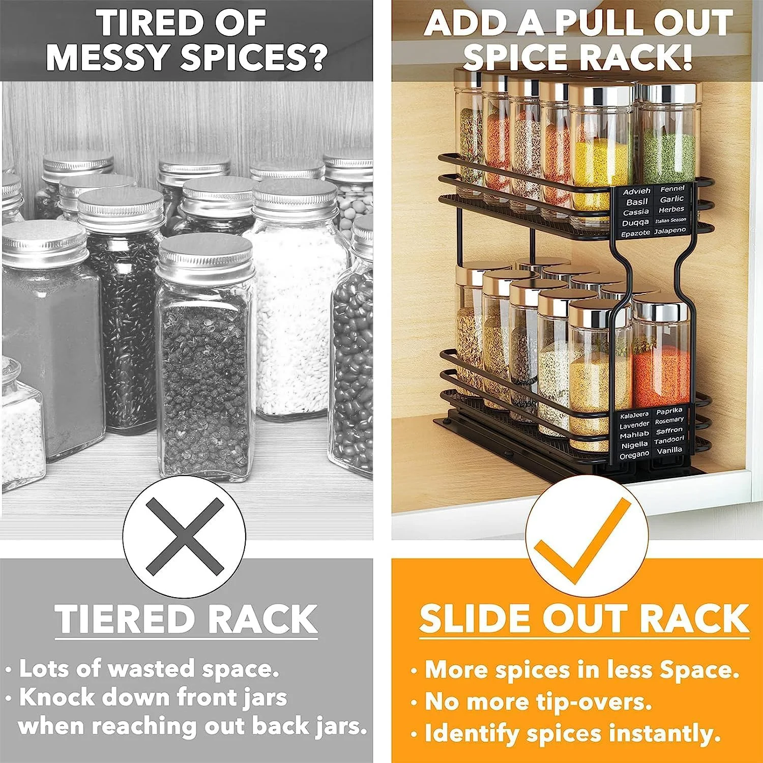 ارگانایزر قفسه ادویه کشویی Angju برای کابینت، ارگانایزر آشپزخانه ادویه جات کشویی سنگین، ارگانایزر کابینت، با برچسب و ماژیک گچی، 11.5cmW x27cm D x21.5cm H