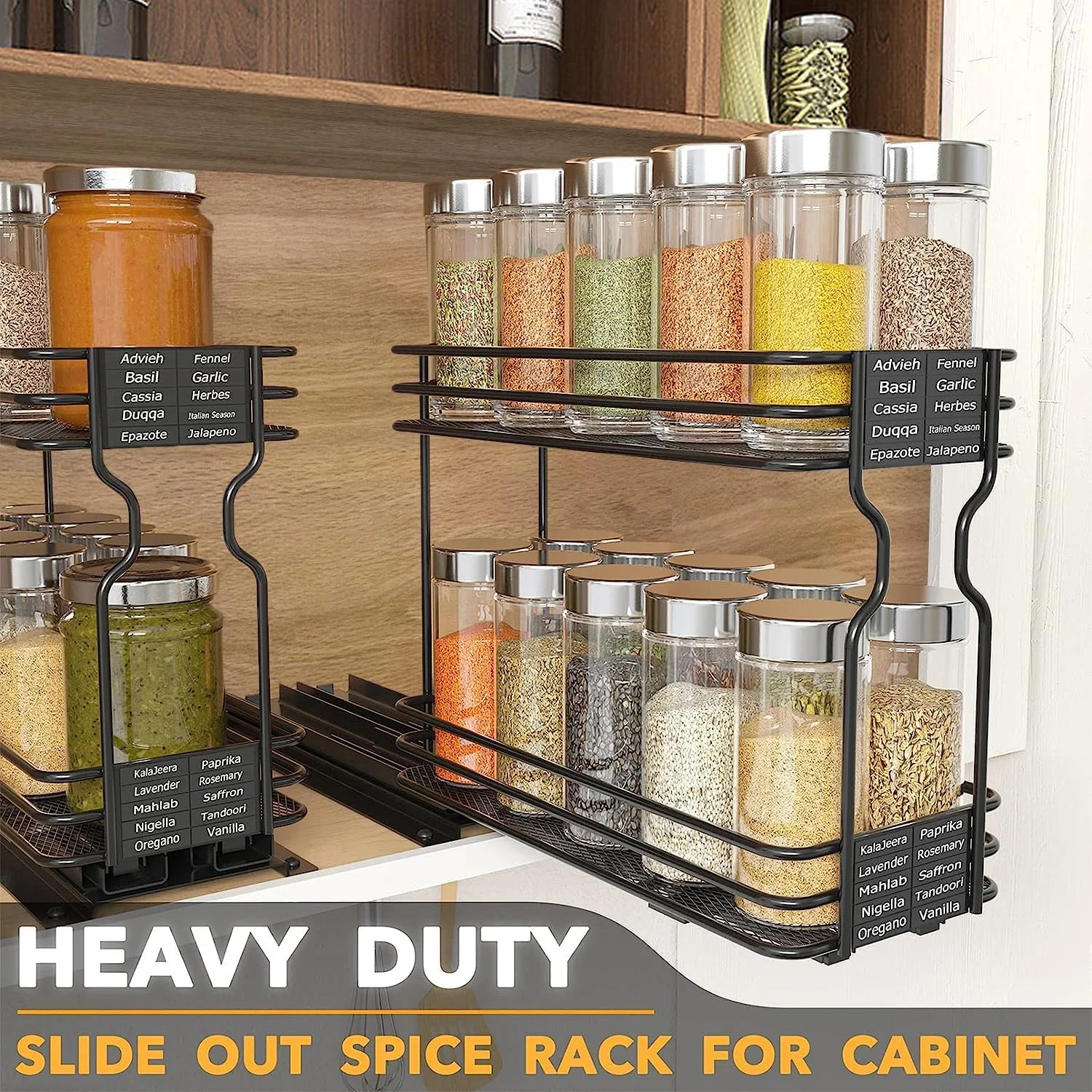 ارگانایزر قفسه ادویه کشویی Angju برای کابینت، ارگانایزر آشپزخانه ادویه جات کشویی سنگین، ارگانایزر کابینت، با برچسب و ماژیک گچی، 11.5cmW x27cm D x21.5cm H