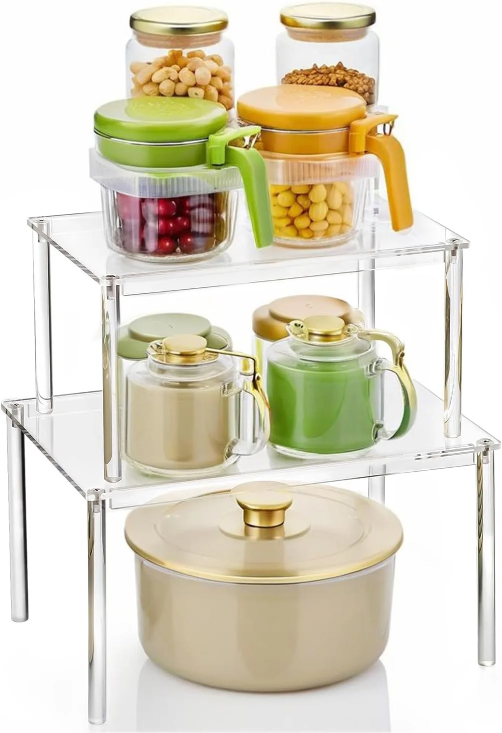 قفسه ادویه آنجو، سازمان دهنده کابینت اکریلیک، مجموعه 2 عددی سازمان دهنده قفسه، سازمان دهنده ادویه برای میز، قفسه های قابل انباشت برای سازماندهی و نگهداری آشپزخانه، نصب آسان