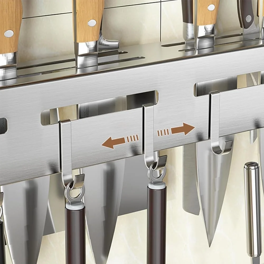 جای چاقو آشپزخانه AMERTEER | نگهدارنده چاقو و ابزار استیل ضد زنگ دیواری با 8 قلاب | سازمان دهنده چند منظوره و مقاوم برای نگهداری لوازم آشپزخانه | مناسب برای خانه های مدرن و استفاده حرفه ای