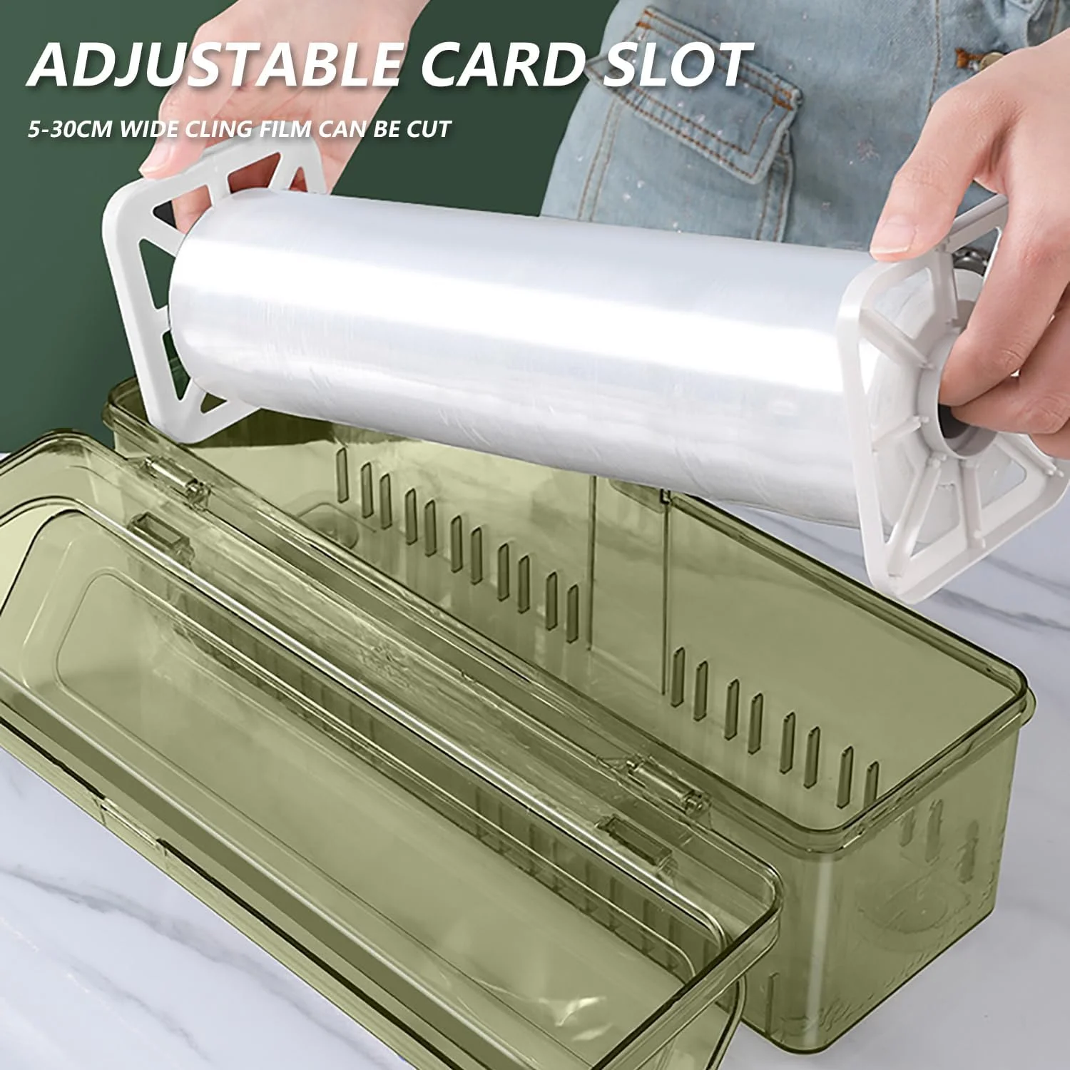 Angju Cling Film Dispenser, Food Wrap Storage Organizer with Slide Cutter, Reusable Cling Film Dispenser, Clear Refillable Wrap Dispenser, Slide Cutter for Aluminum, Foil Film and Wax Paper