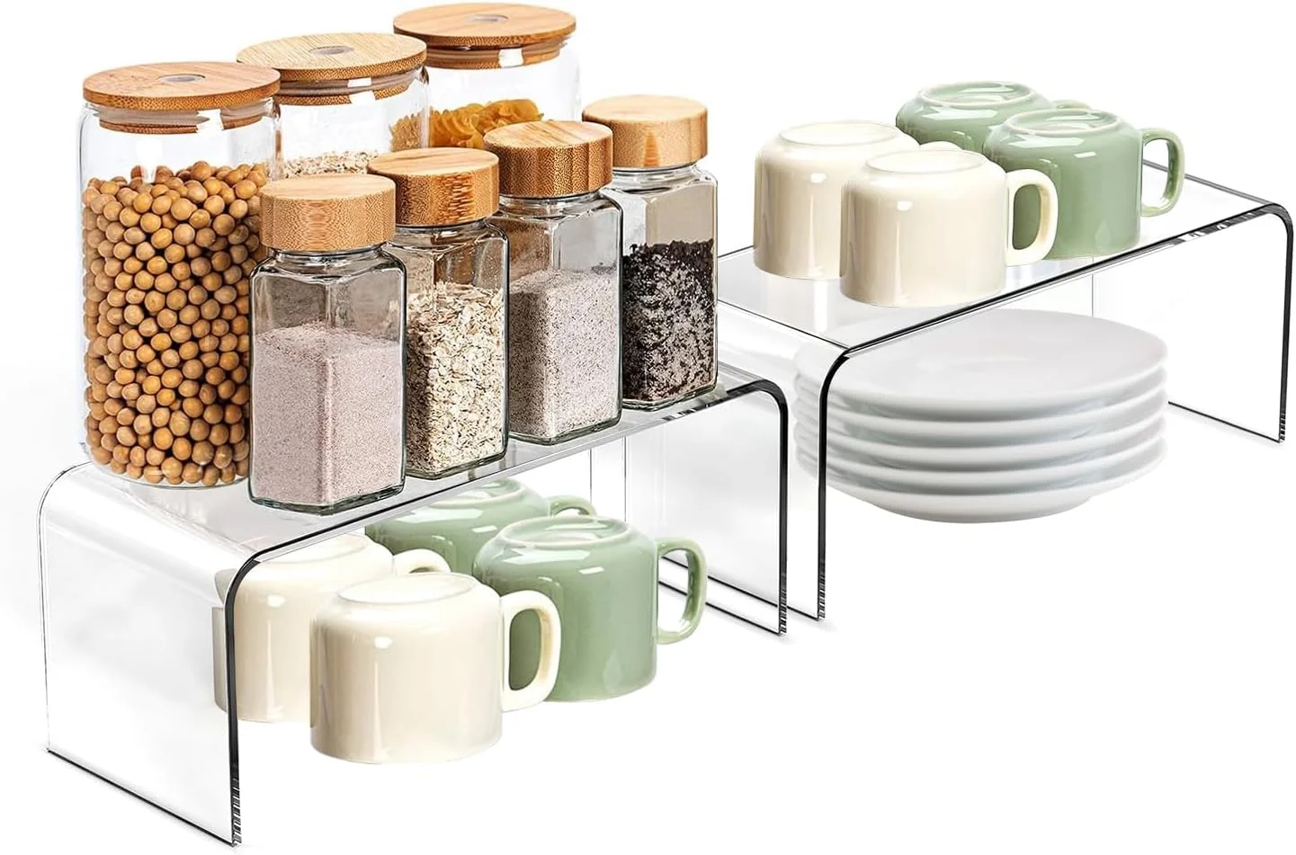 قفسه ادویه آنجو، مجموعه دو عددی پایه قفسه شفاف اکریلیک، سازمان دهنده قفسه کابینت آشپزخانه، سازماندهی ادویه برای قفسه کابینت، سازمان دهنده رومیزی، قفسه ضخیم 5 میلی متری برای ظروف، قوطی نوشابه و فنجان