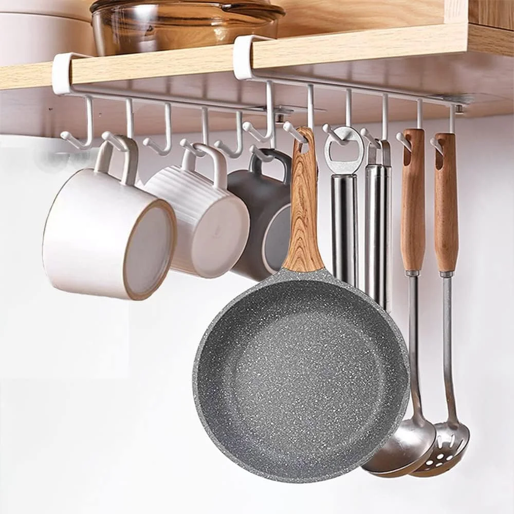 AMERTEER Mug Hooks Under Cabinet, 2 Pcs Mug Holder Rack Coffee Cups Holder Hanger for Kitchen Organizer Drilling-Free Mug Rack, Cup Organizer 12 Hooks, Space-Saving Cup Holder for Kitchen & Cupboard