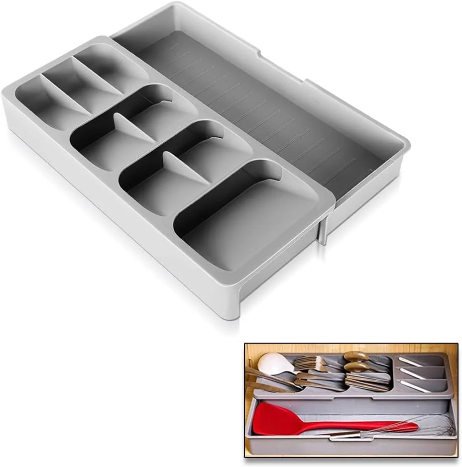 نظم دهنده کشو آشپزخانه AMERTEER | سینی لوازم جانبی قابل گسترش، ظروف تخت بدون BPA، نظم دهنده کارد و چنگال | فضای ذخیره سازی بزرگ قابل تنظیم برای چنگال، چاقو، قاشق | سینی کارد و چنگال پلاستیکی 8 طبقه (40.5x16.5x5.5cm)