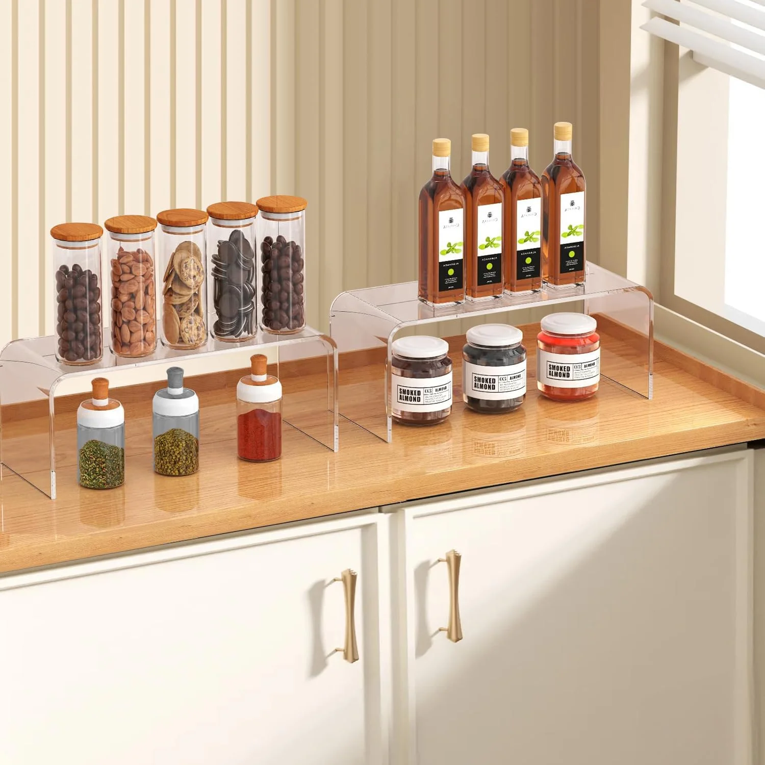 قفسه ادویه آنجو، مجموعه دو عددی پایه قفسه شفاف اکریلیک، سازمان دهنده قفسه کابینت آشپزخانه، سازماندهی ادویه برای قفسه کابینت، سازمان دهنده رومیزی، قفسه ضخیم 5 میلی متری برای ظروف، قوطی نوشابه و فنجان