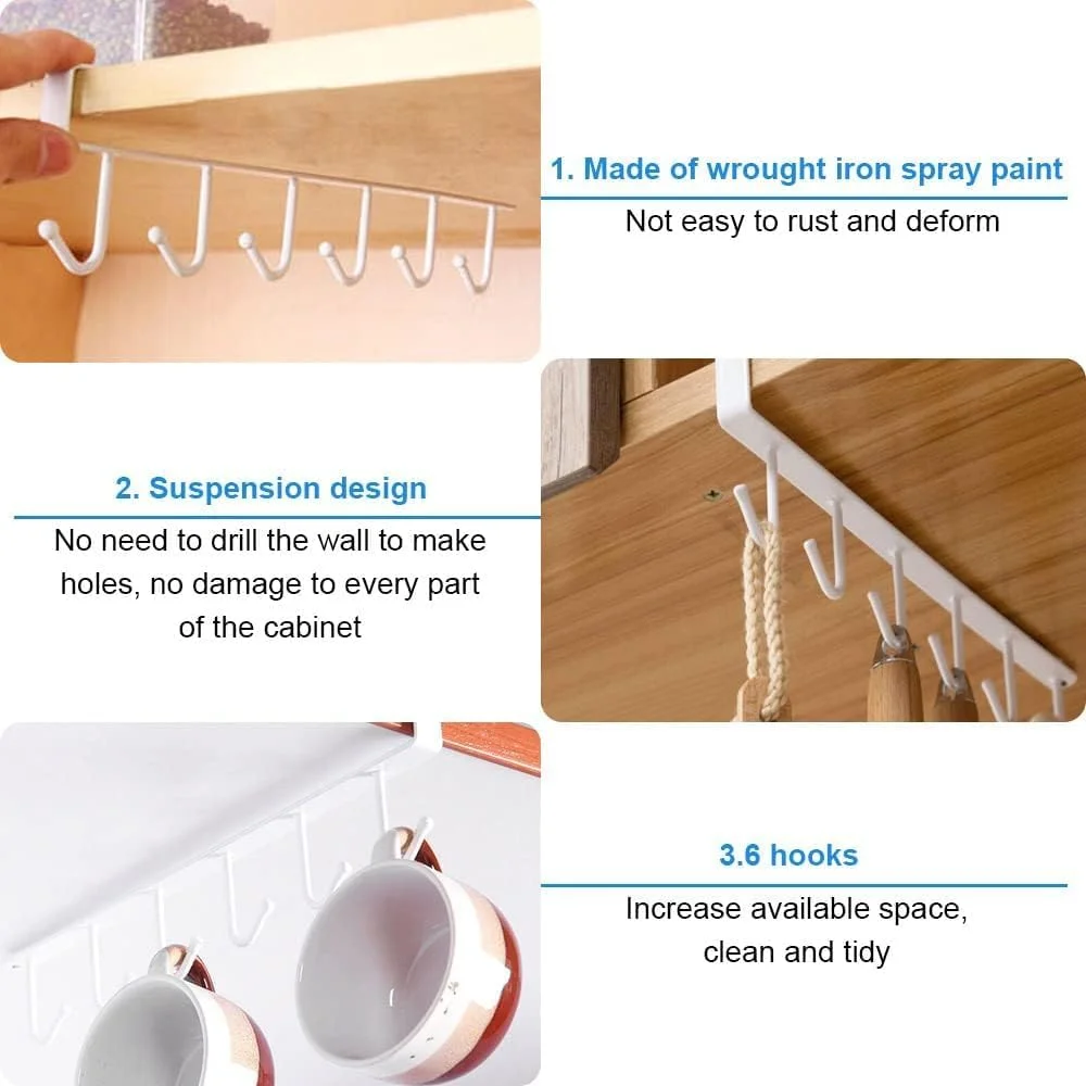 AMERTEER Mug Hooks Under Cabinet, 2 Pcs Mug Holder Rack Coffee Cups Holder Hanger for Kitchen Organizer Drilling-Free Mug Rack, Cup Organizer 12 Hooks, Space-Saving Cup Holder for Kitchen & Cupboard