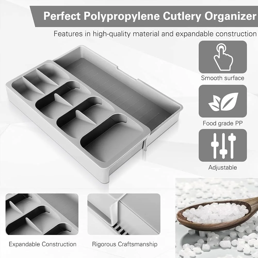 نظم دهنده کشو آشپزخانه AMERTEER | سینی لوازم جانبی قابل گسترش، ظروف تخت بدون BPA، نظم دهنده کارد و چنگال | فضای ذخیره سازی بزرگ قابل تنظیم برای چنگال، چاقو، قاشق | سینی کارد و چنگال پلاستیکی 8 طبقه (40.5x16.5x5.5cm)