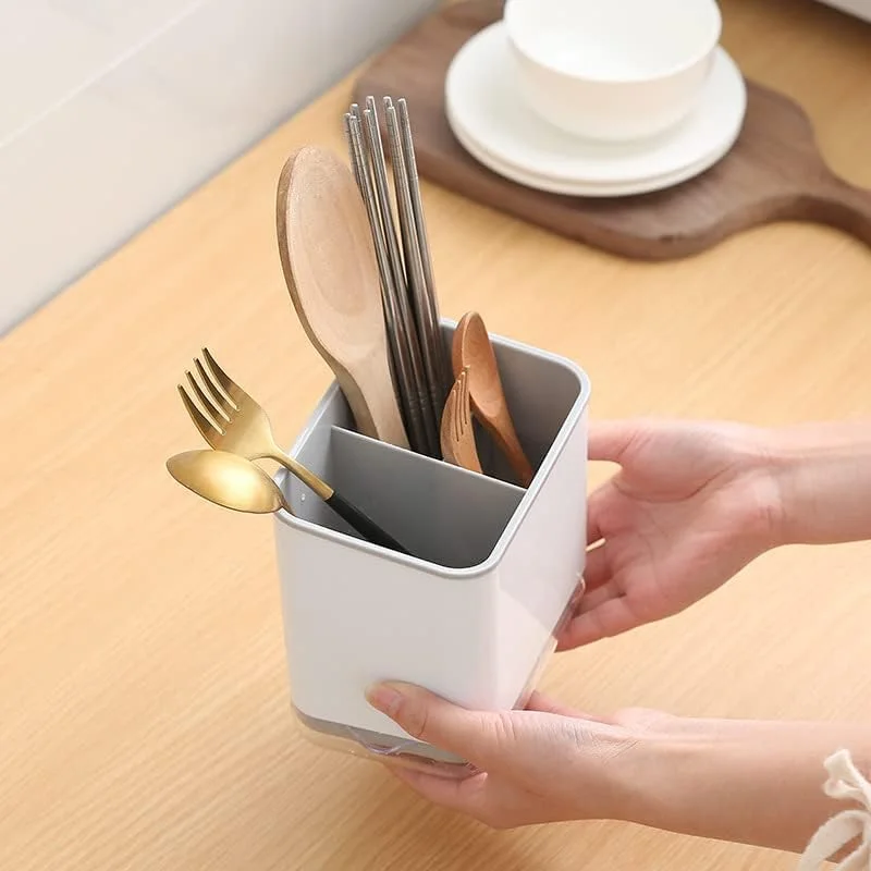 AMERTEER Kitchen Storage Rack | Double Layer Utensil Holder with Fork, Knife, Spoon Filter Basket | Multifunctional Tableware Bucket & Chopsticks Sink Organizer Box (Gray)