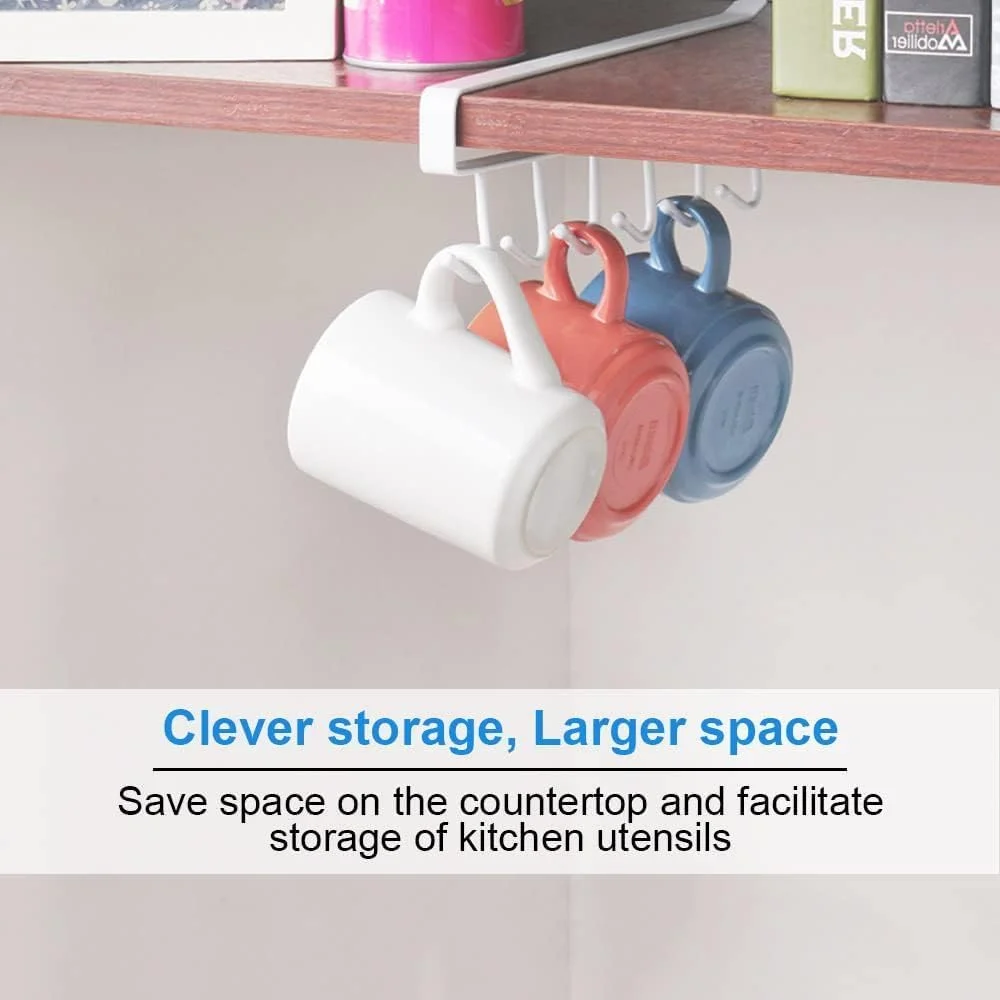 AMERTEER Mug Hooks Under Cabinet, 2 Pcs Mug Holder Rack Coffee Cups Holder Hanger for Kitchen Organizer Drilling-Free Mug Rack, Cup Organizer 12 Hooks, Space-Saving Cup Holder for Kitchen & Cupboard