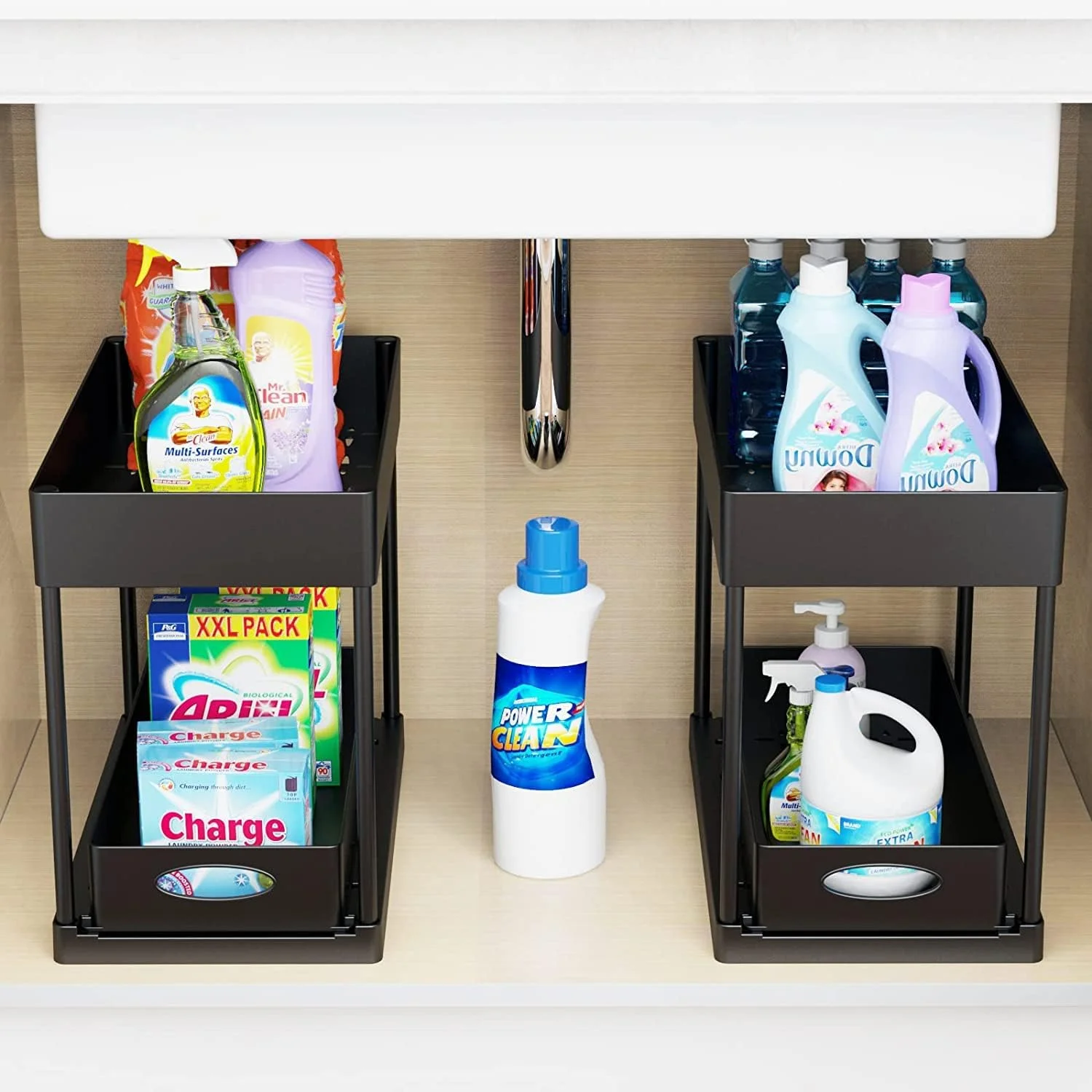ارگانایزر زیر سینک AMERTEER، دو طبقه با سبد کشویی پایین، قفسه فلزی برای نگهداری کابینت، قلاب و جداکننده، مناسب آشپزخانه، حمام، لوازم تمیز کننده (40 * 20 * 8.5 سانتی متر، مشکی) ارگانایزر زیر سینک AMERTEER، دو طبقه با سبد کشویی پایین، قفسه فلزی برای نگهداری کابینت، قلاب و جداکننده، مناسب آشپزخانه، حمام، لوازم تمیز کننده (40 * 20 * 8.5 سانتی متر، مشکی)