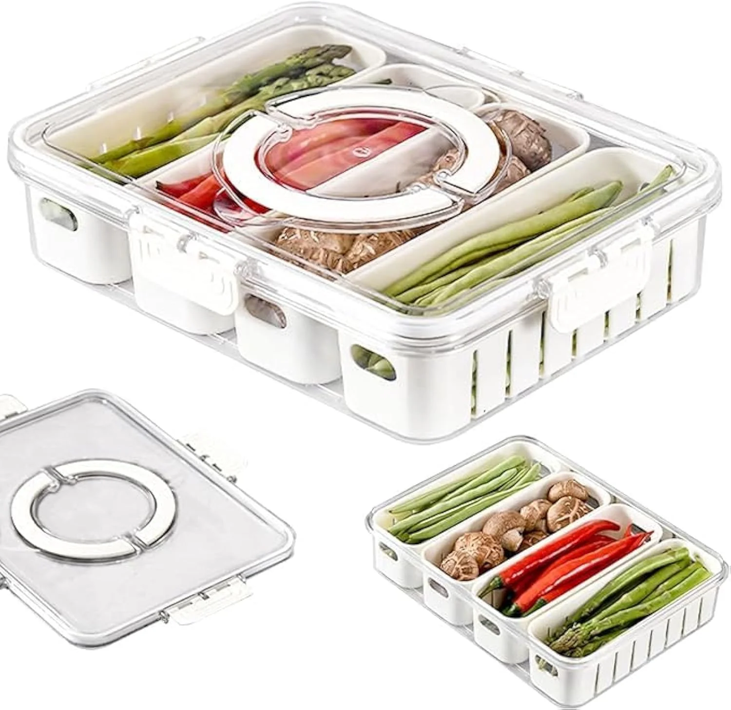 ظرف سرو تقسیم شده AMERTEER با درب و دسته، جعبه اسنک قابل حمل با 4 محفظه - سازمان دهنده نگهداری مواد غذایی برای اسنک، سبزیجات، میوه ها، آجیل و آب نبات، سینی Charcuterie برای پیک نیک و مهمانی ها