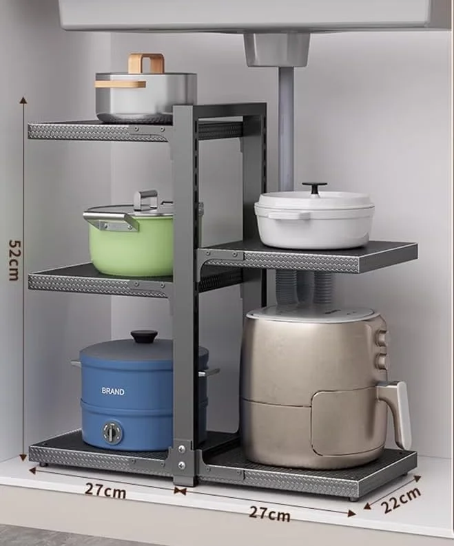 ارگانایزر 5 طبقه قابل تنظیم زیر سینک با قفسه های فلزی ضد لغزش لانه زنبوری - قفسه نگهداری آشپزخانه ضد زنگ مشکی برای کابینت، روی میز یا ناحیه سینک