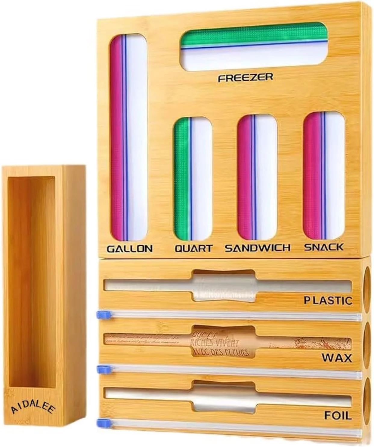 ارگانایزر کیسه نگهداری AIDALEE، پخش کننده فویل و پلاستیک با برشگر، ارگانایزر و نگهداری آشپزخانه سازگار با کیسه های گالن، کوارت، ساندویچ، اسنک و فویل آلومینیومی 12 اینچی و کاغذ مومی