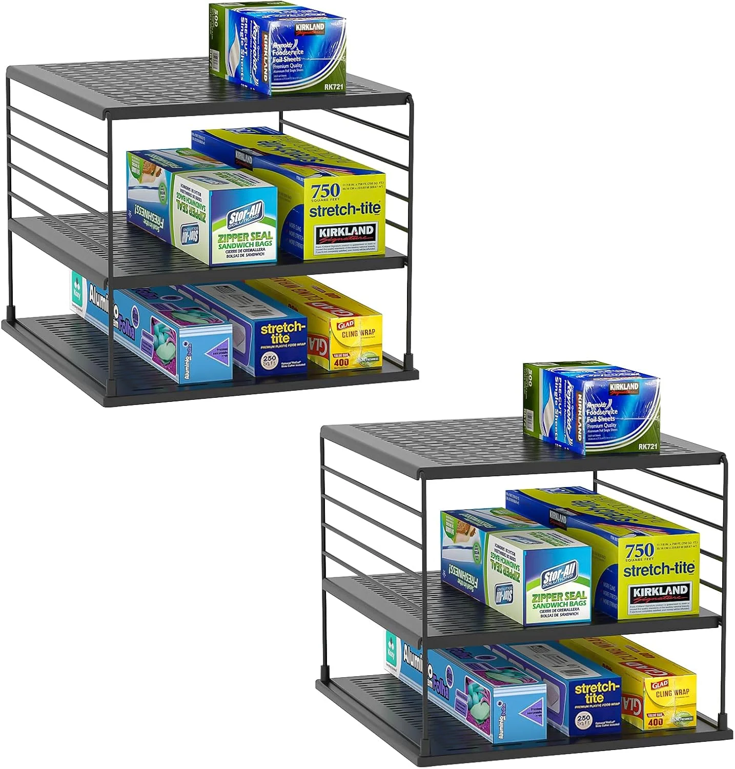 سازمان‌دهنده‌های کابینت آشپزخانه قابل تنظیم TOPSKY و ظروف نگهداری مواد غذایی - قفسه‌های ABS ضد لغزش برای فویل، روکش پلاستیکی، تنقلات، طراحی کرومی با مونتاژ آسان، سازمان‌دهنده‌های زیر سینک (2، مشکی)