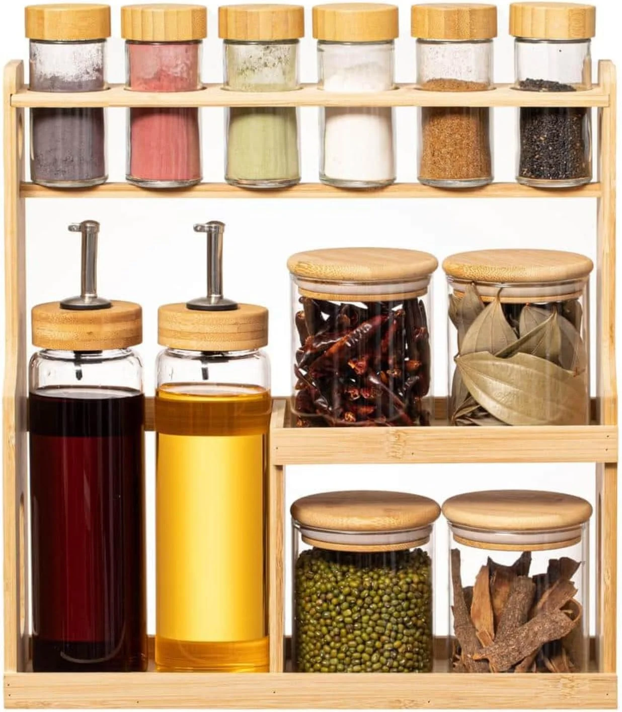 جا ادویه ای 3 طبقه بامبو با 6 شیشه ادویه، 4 شیشه ذخیره سازی درب دار و 2 روغن ریز – نظم دهنده رومیزی آشپزخانه برای ادویه جات، گیاهان، چاشنی ها و چاشنی ها