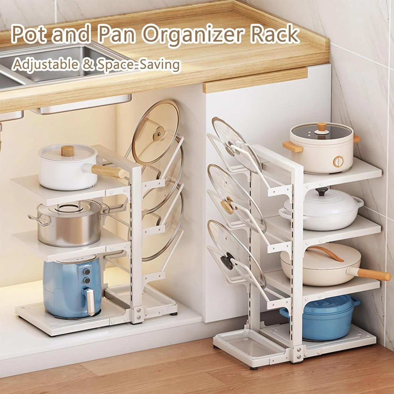 قفسه سازمان دهنده 3 طبقه قابل تنظیم برای قابلمه و تابه، طراحی ایمن ضد واژگونی، فضای ذخیره سازی چند منظوره برای آشپزخانه، انبار، گاراژ یا حمام قفسه سازمان دهنده 3 طبقه قابل تنظیم برای قابلمه و تابه، طراحی ایمن ضد واژگونی، فضای ذخیره سازی چند منظوره برای آشپزخانه، انبار، گاراژ یا حمام