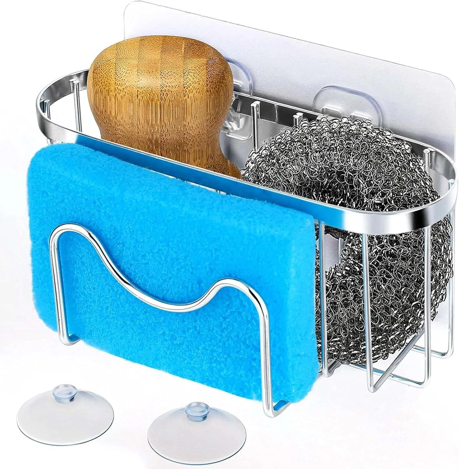 جا اسکاچی سینک ظرفشویی آلمکا کوز مدل 3 در 1، سبد استیل ضد زنگ، آویز سینک M شکل با مکنده، جا دستمال ظرفشویی ضد زنگ، نگهدارنده درپوش سینک برای برس