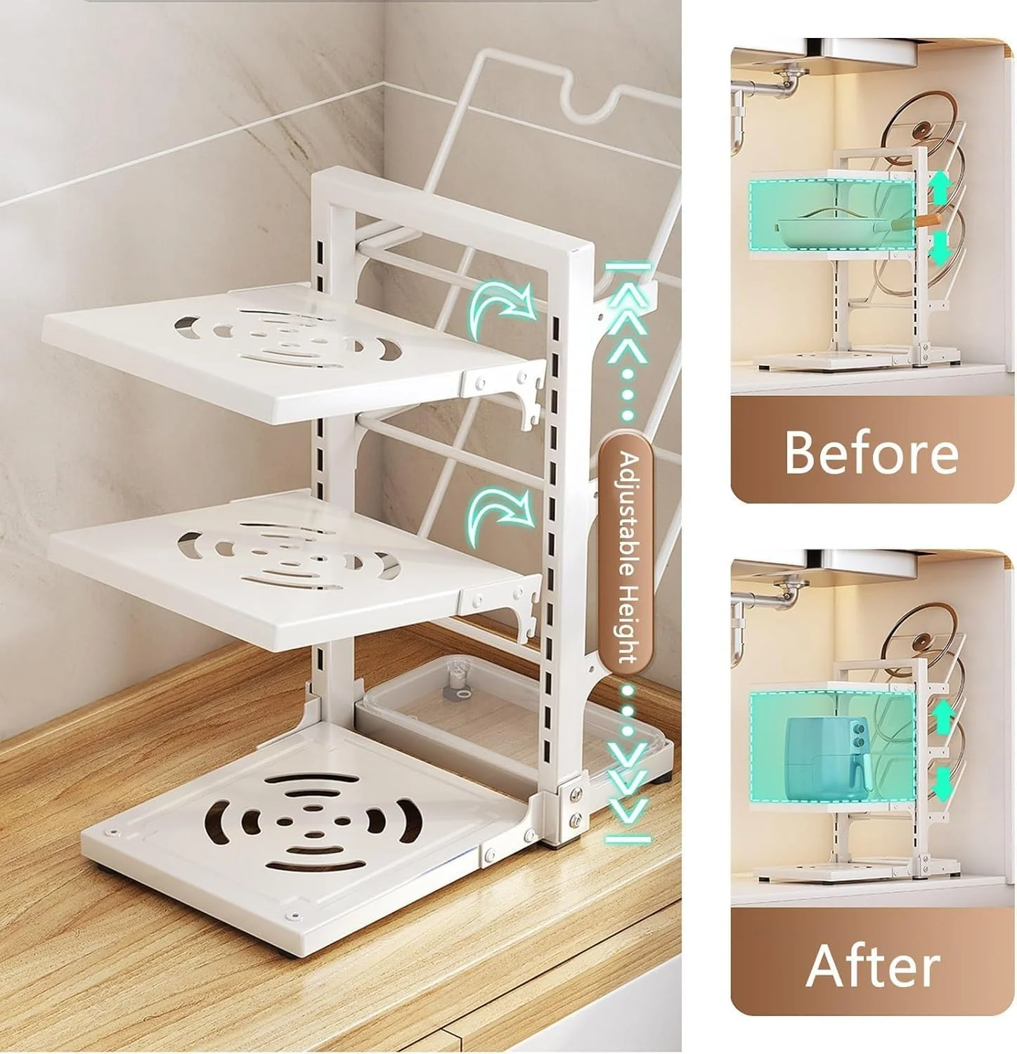 قفسه سازمان دهنده 3 طبقه قابل تنظیم برای قابلمه و تابه، طراحی ایمن ضد واژگونی، فضای ذخیره سازی چند منظوره برای آشپزخانه، انبار، گاراژ یا حمام قفسه سازمان دهنده 3 طبقه قابل تنظیم برای قابلمه و تابه، طراحی ایمن ضد واژگونی، فضای ذخیره سازی چند منظوره برای آشپزخانه، انبار، گاراژ یا حمام